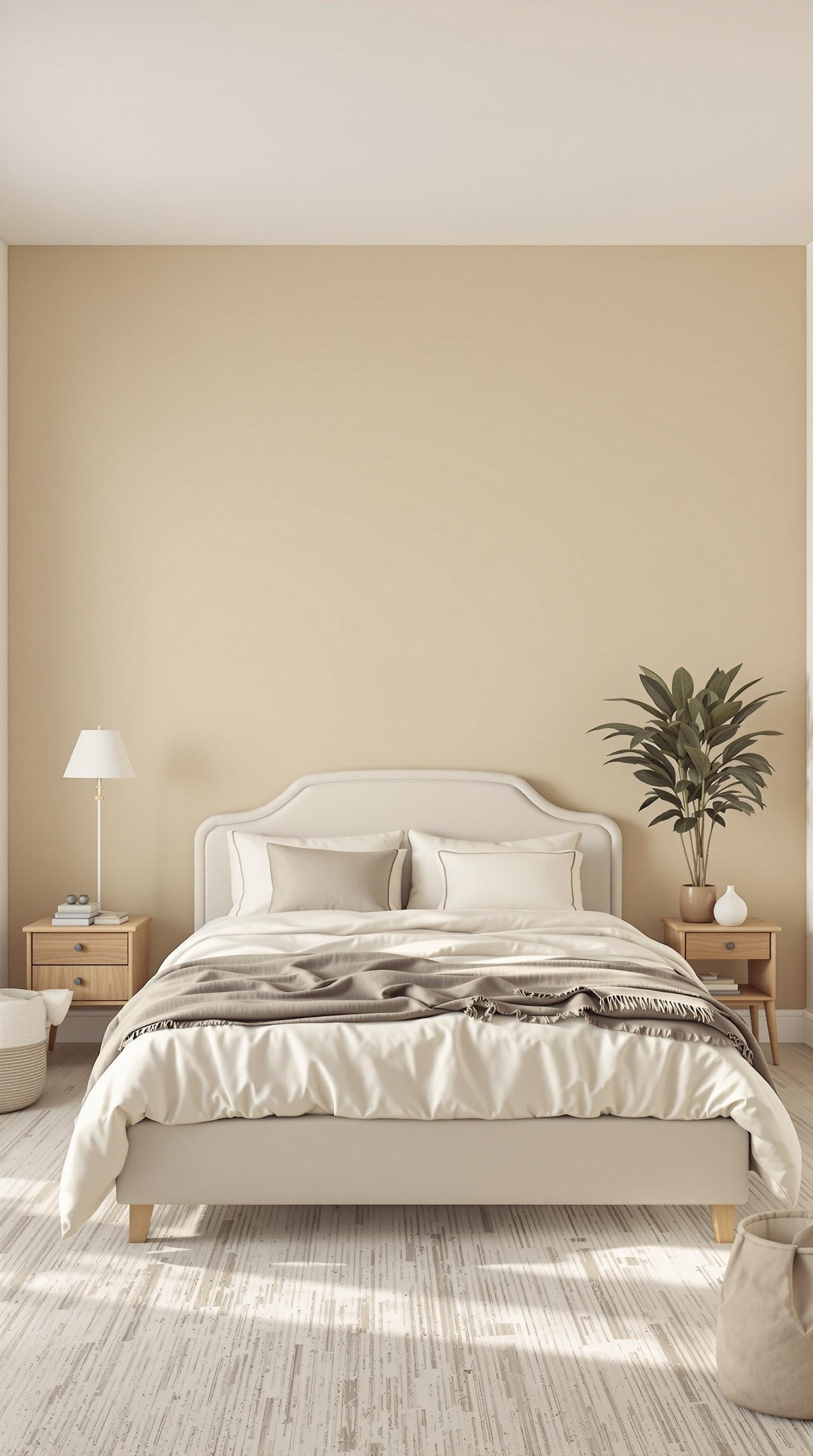 A cozy bedroom featuring beige walls, a bed with soft bedding, and a plant