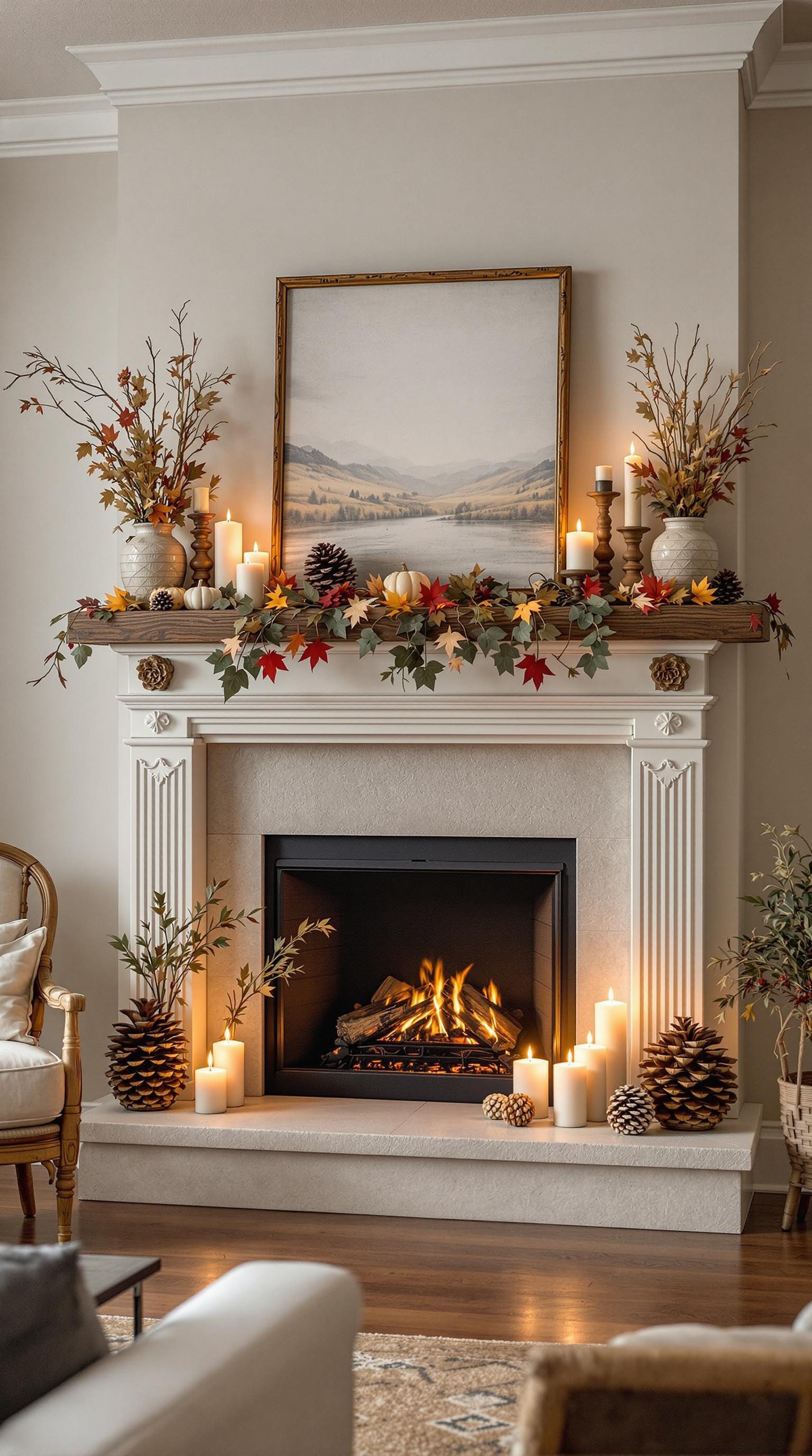 A beautifully decorated fireplace mantel featuring candles, autumn leaves, and a painting.