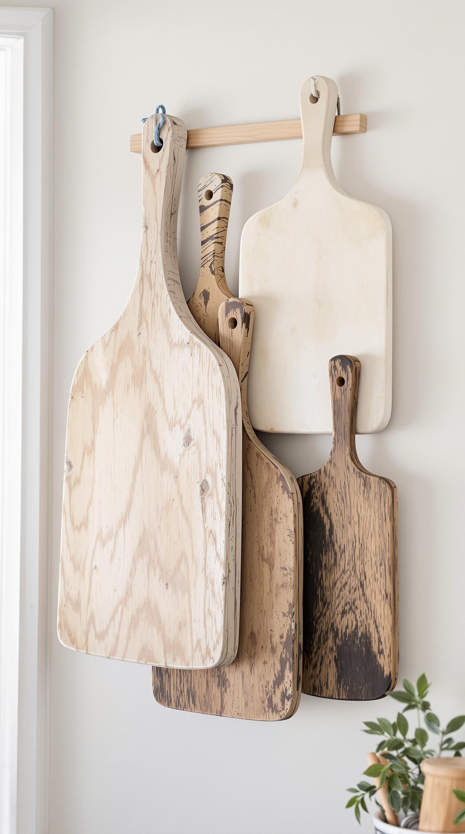 A collection of antique cutting boards hanging on a wall.