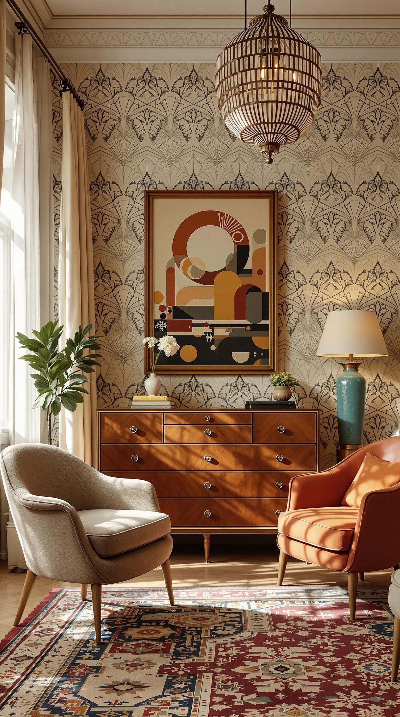 A stylish room featuring Art Deco elements with a warm color palette and elegant furniture.