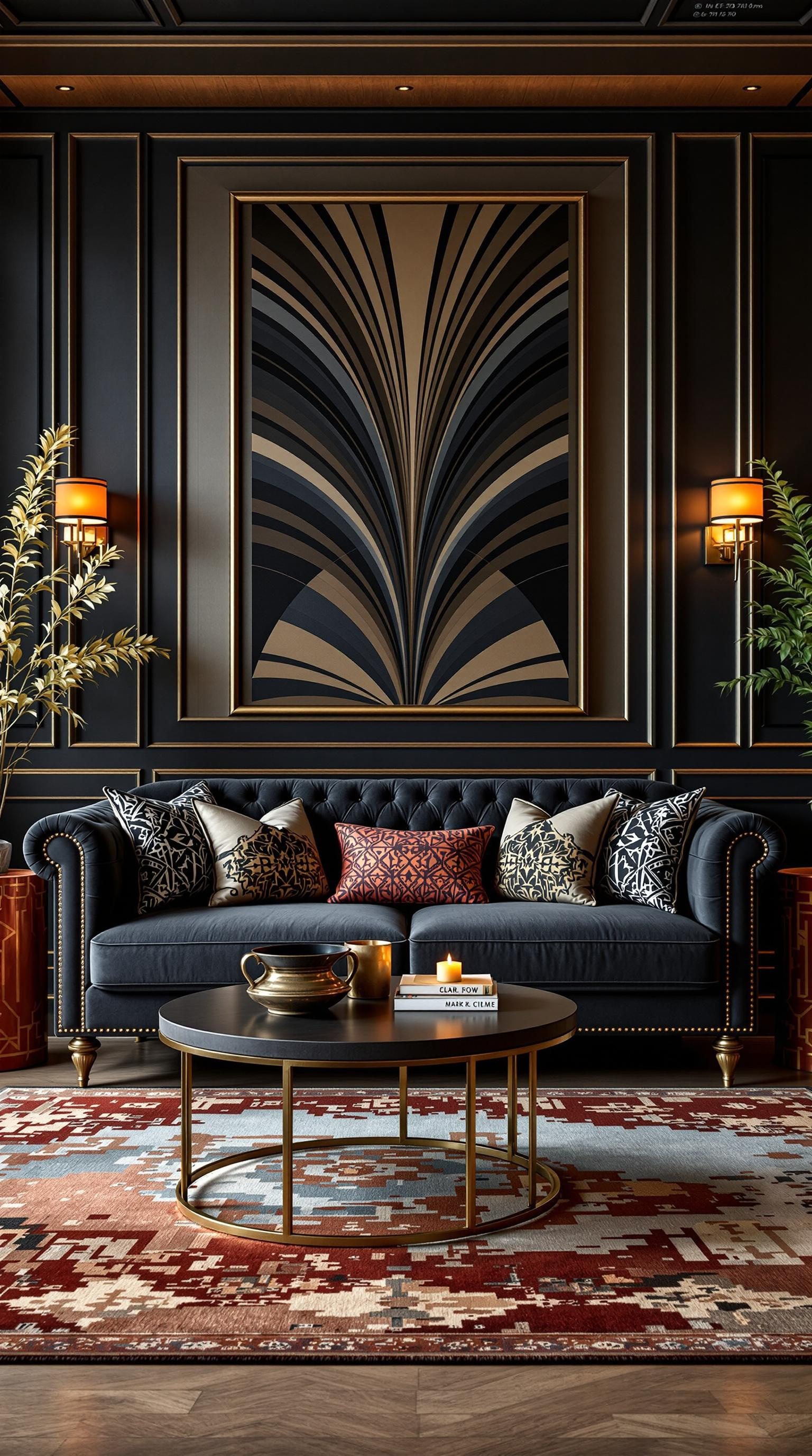 Stylish living room featuring a dark grey couch and Art Deco design elements.