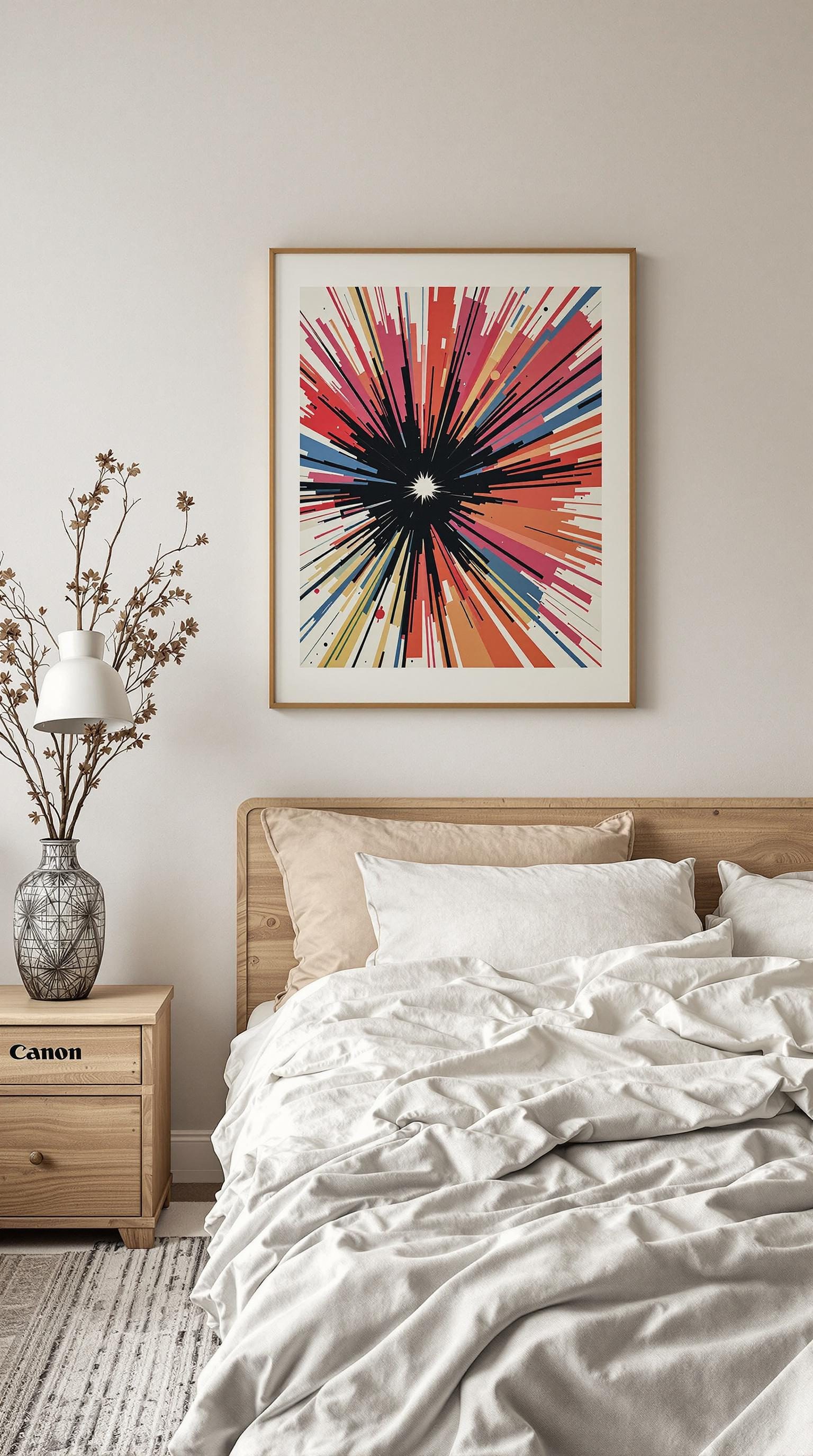 Minimalistic bedroom featuring a bold artwork above a simple bed arrangement.