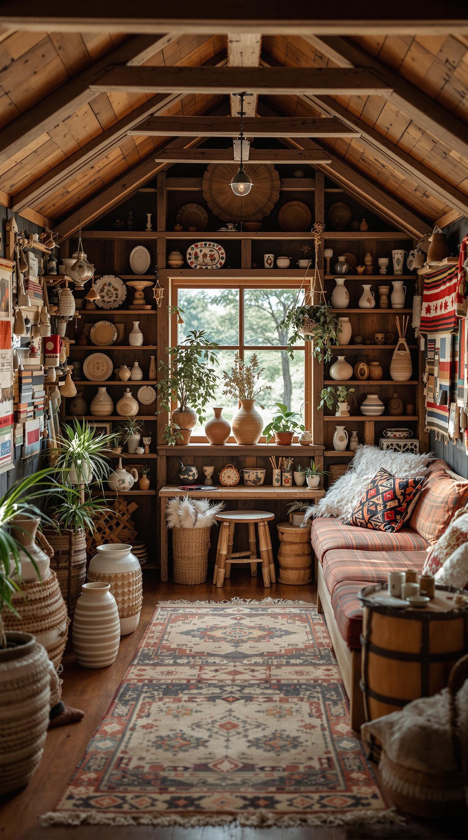 Interior of a small cabin showcasing artisan-made decor with pottery, plants, and textiles.