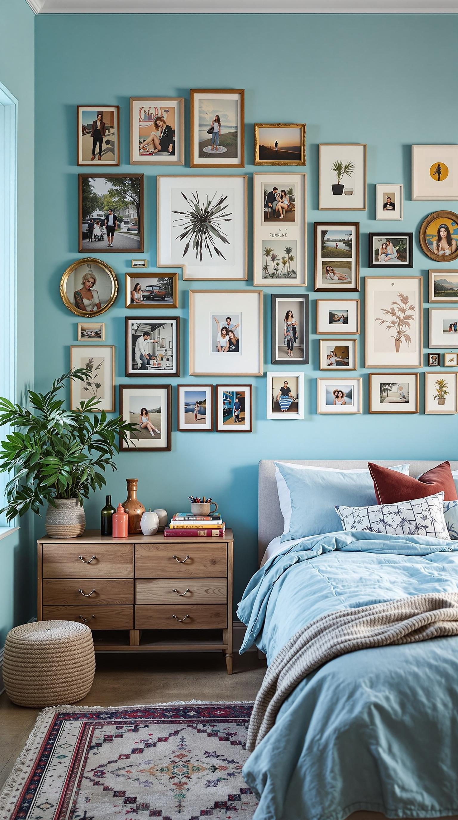 Gallery wall with various framed photos and art in a light blue bedroom