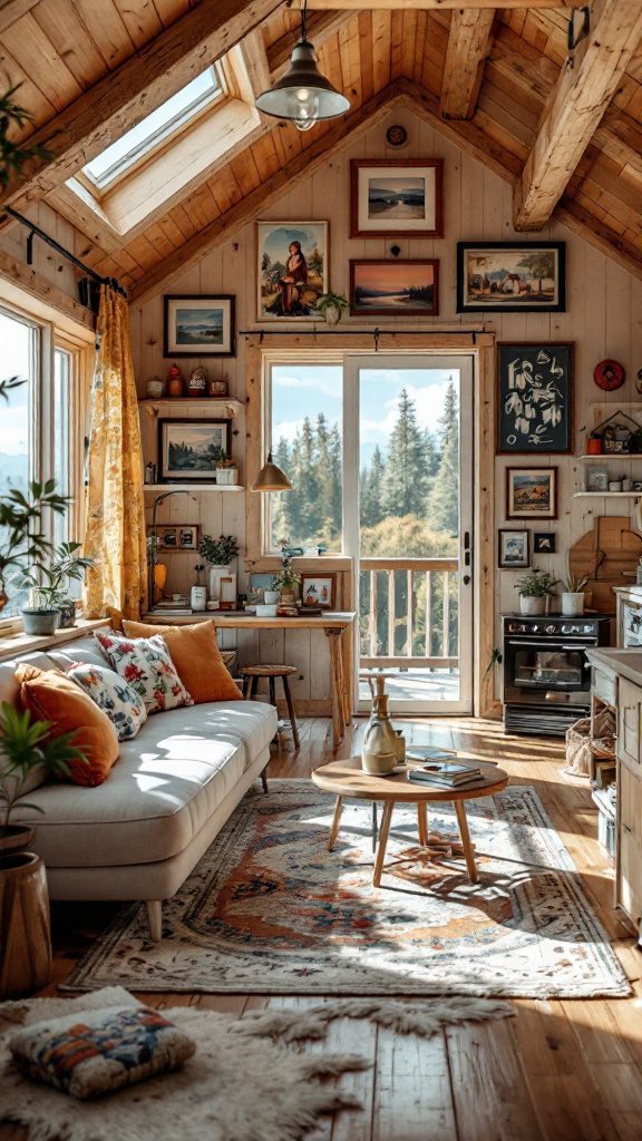 Cozy cabin interior decorated with local artwork, featuring a bright living space with wooden accents and large windows.