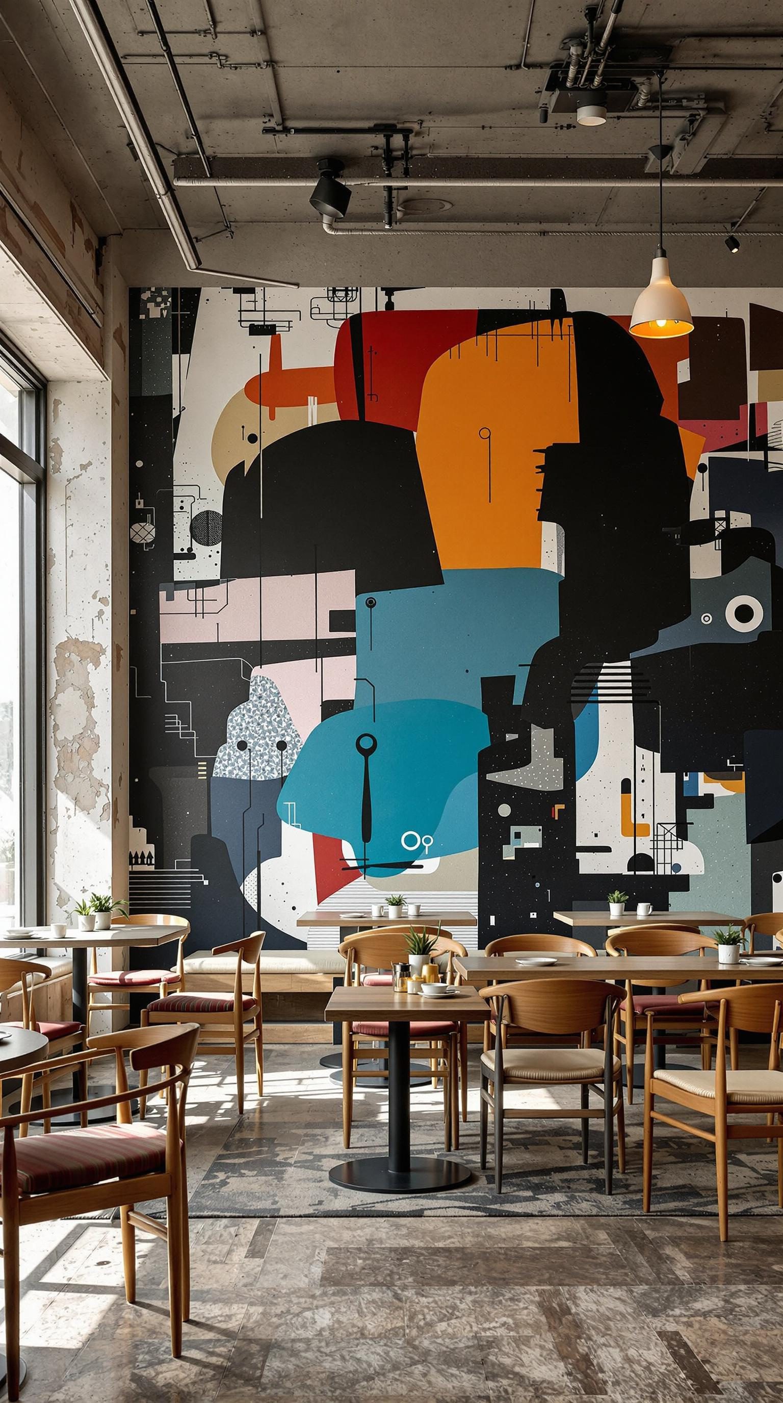 A vibrant wall mural in a modern interior with wooden furniture.