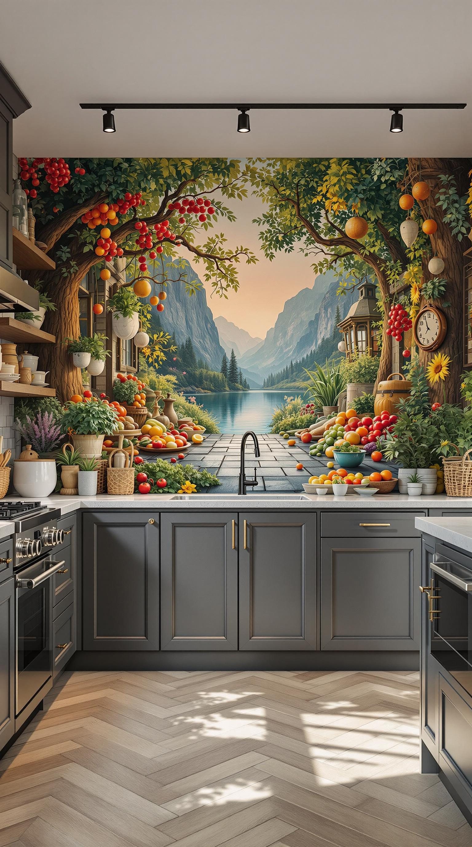 A kitchen with a vibrant mural of a nature scene featuring trees, fruits, and a lake.