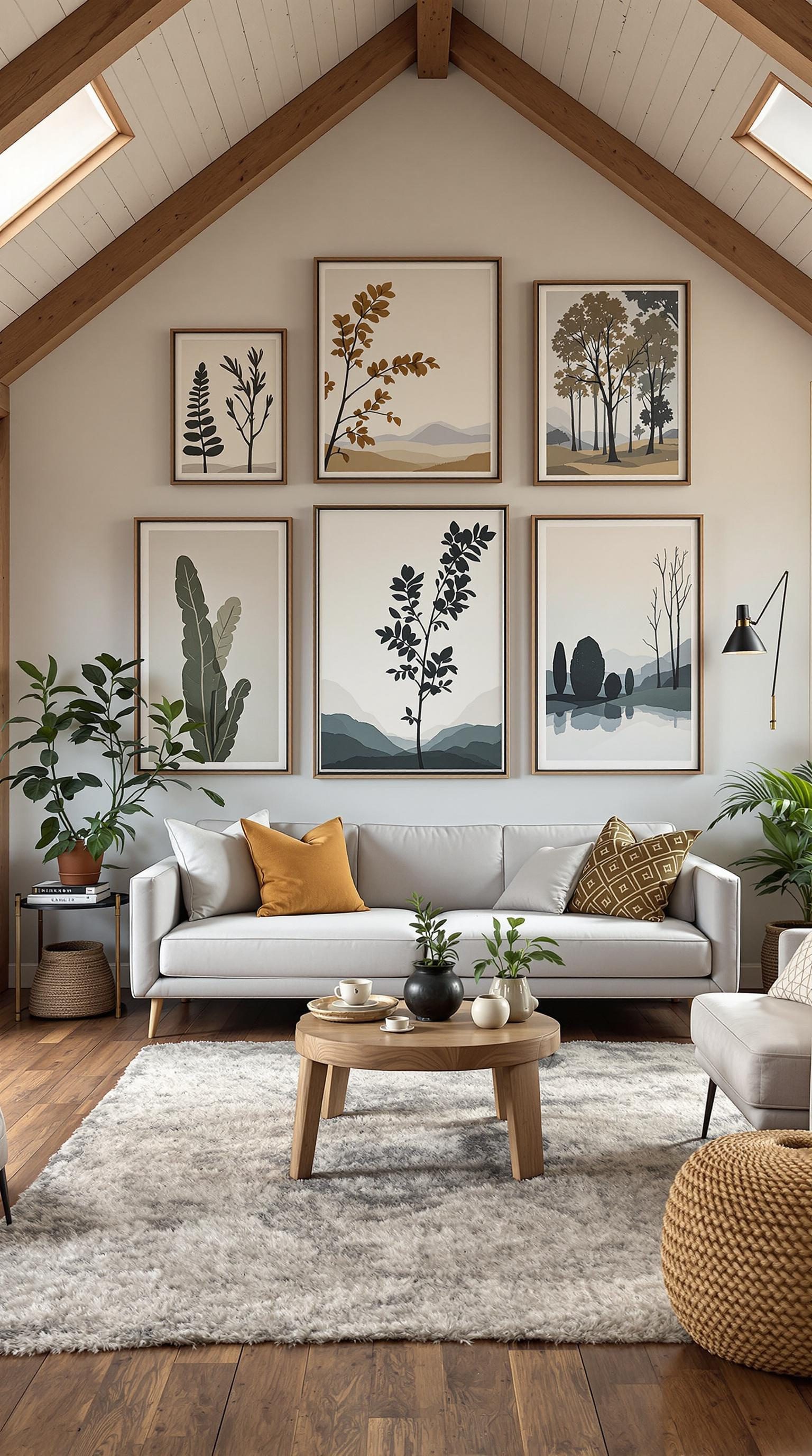 Living room with nature-inspired artwork and plants