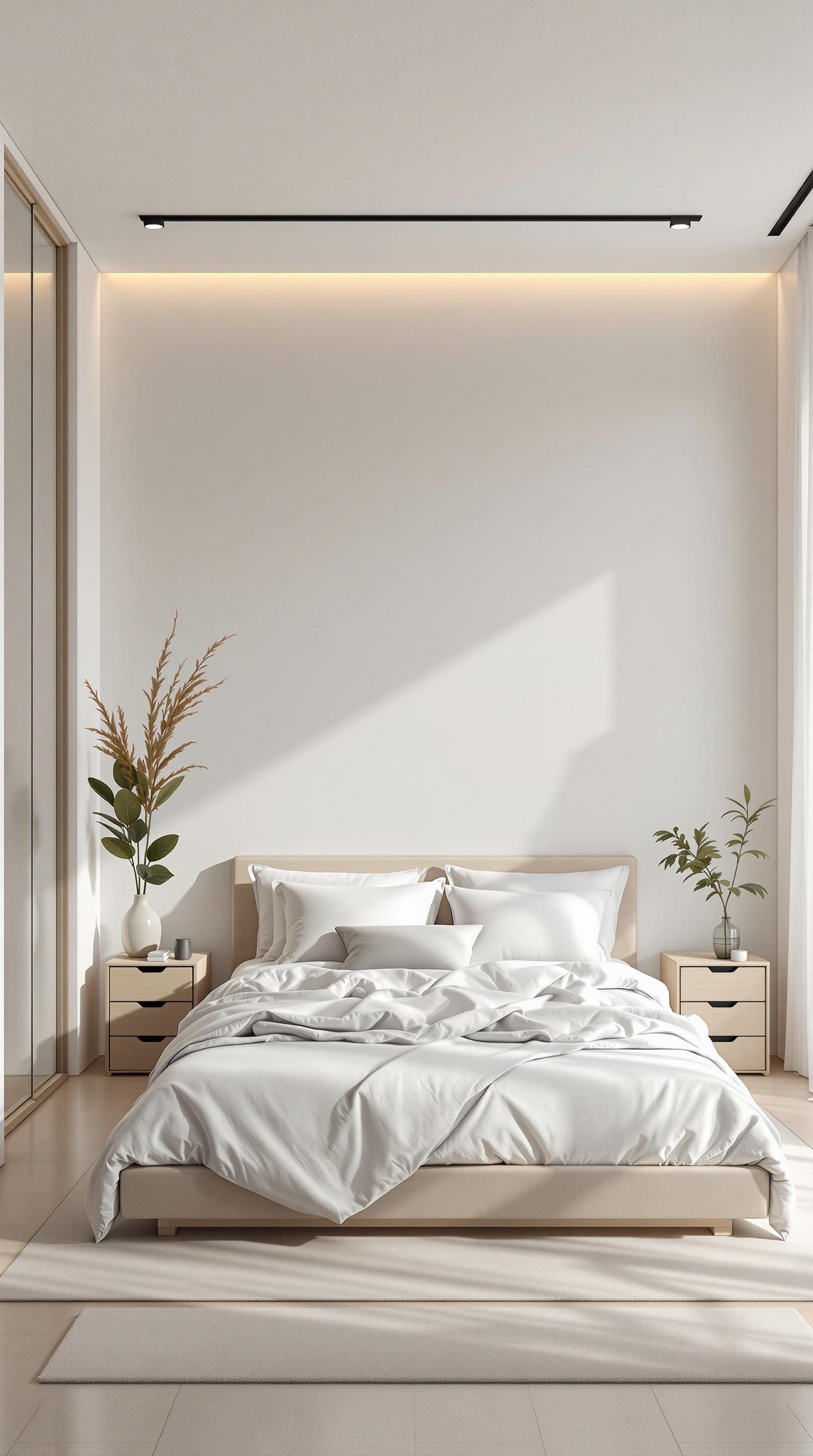 Minimalistic bedroom with a bed, pillows, plants, and soft lighting