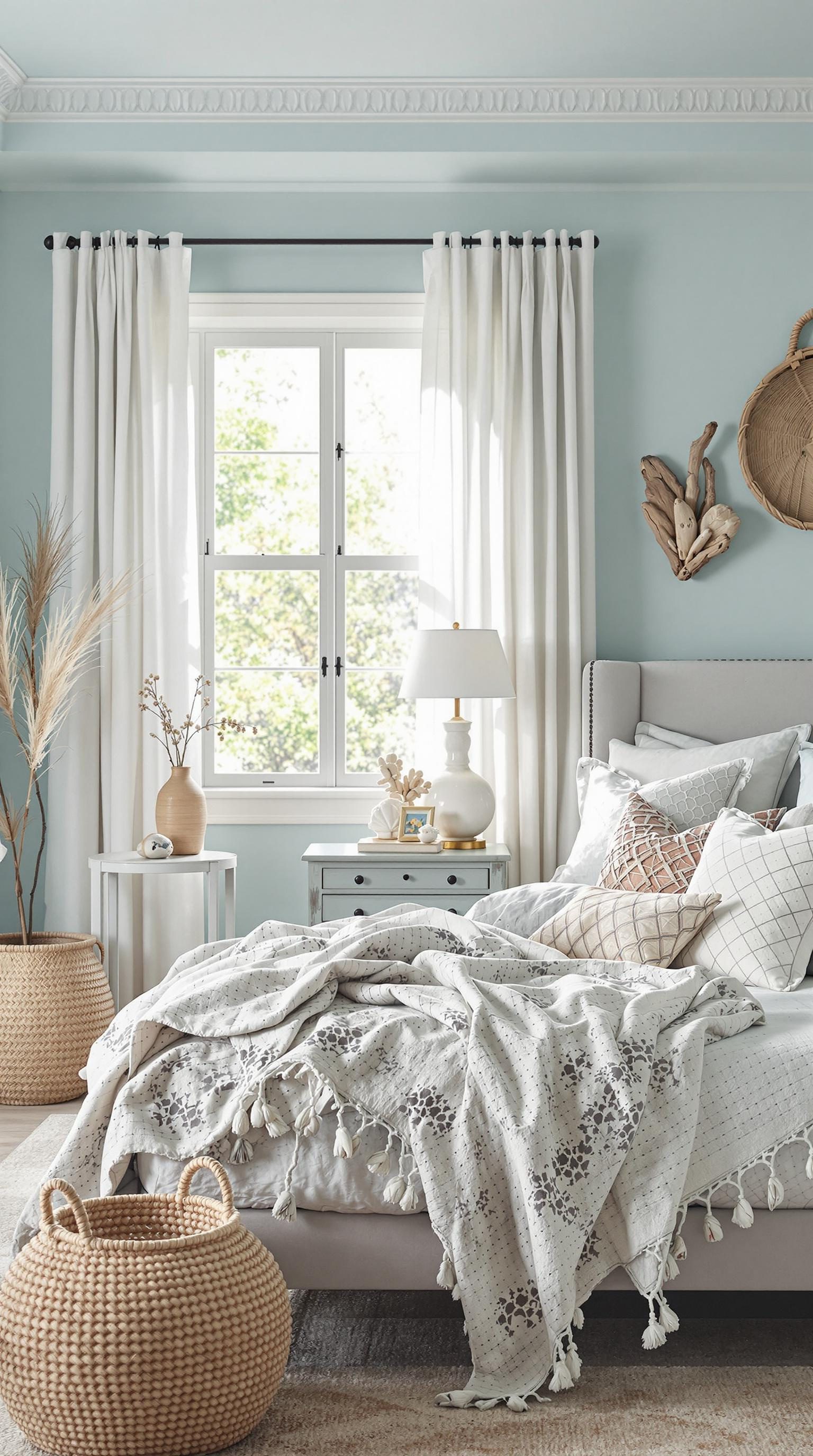 A light blue boho styled bedroom with natural decor and soft textures.