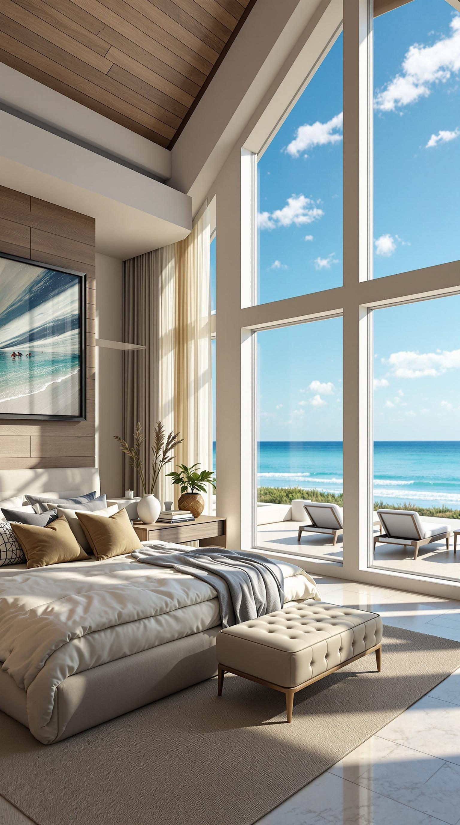 A coastal master bedroom with large windows overlooking the beach.