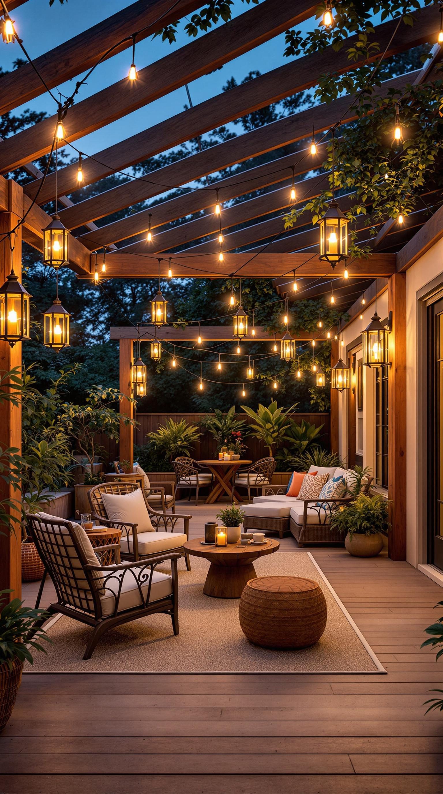 A cozy outdoor area with hanging lanterns and soft seating, perfect for evening gatherings.