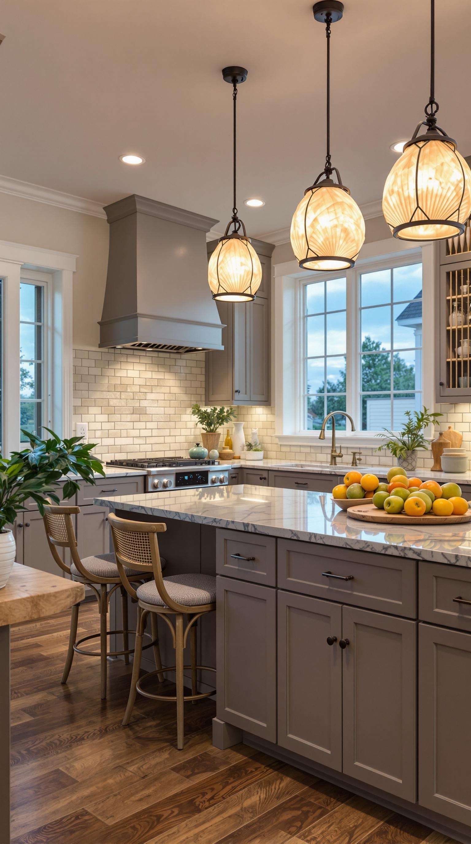 A bright kitchen with beachy light fixtures and a modern design