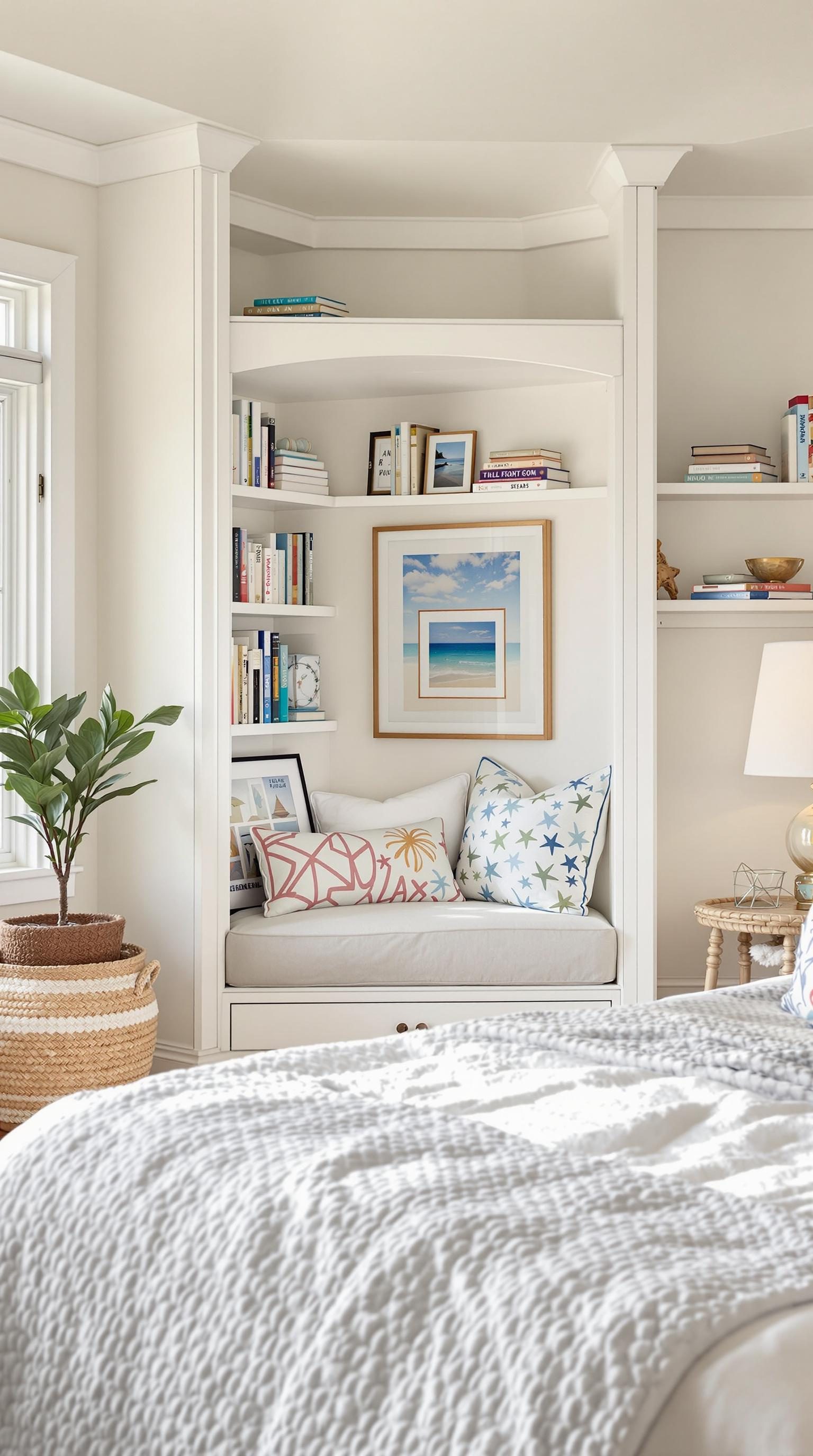 A cozy reading nook in a coastal master bedroom with bookshelves, pillows, and a coastal artwork.