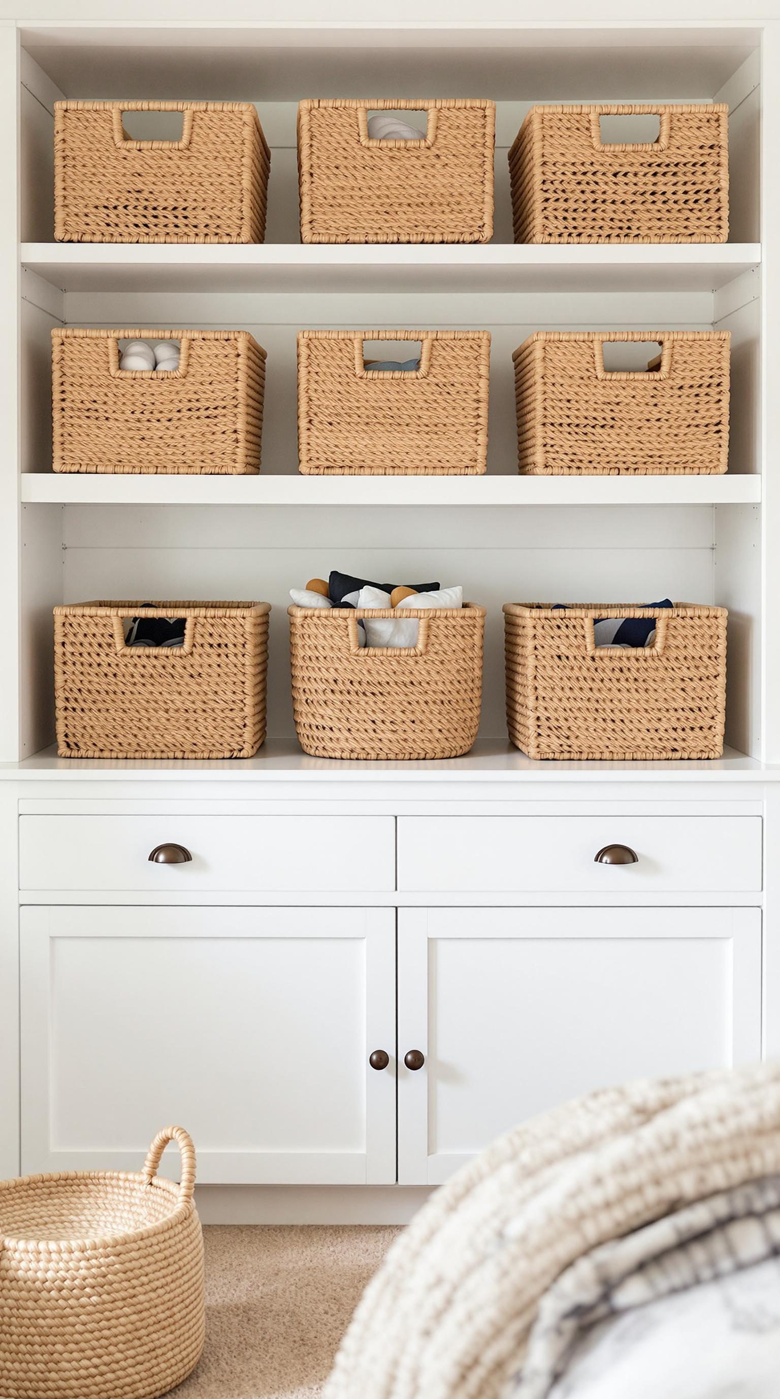 Woven baskets on shelves in a coastal-themed bedroom