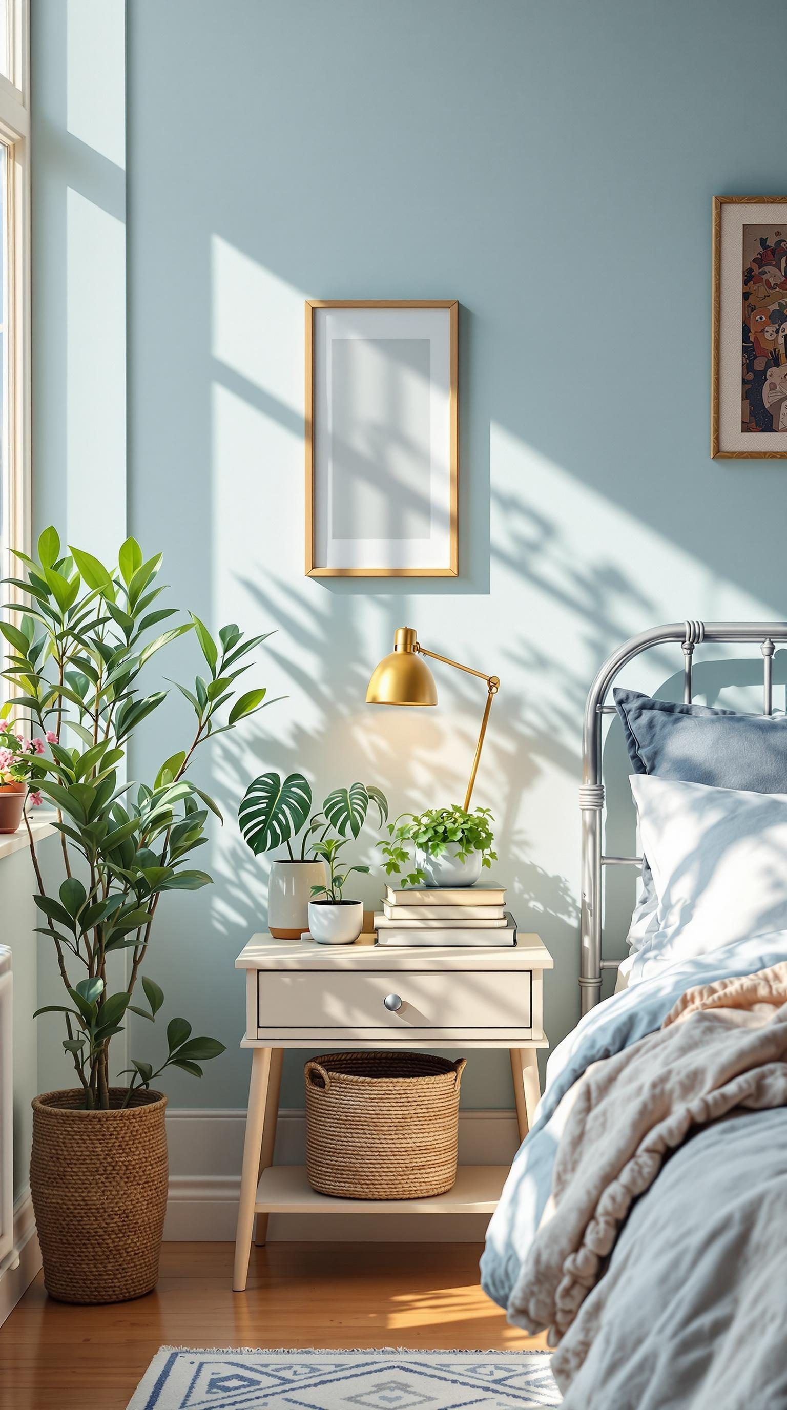 Cozy light blue boho bedroom with plants and books on a nightstand