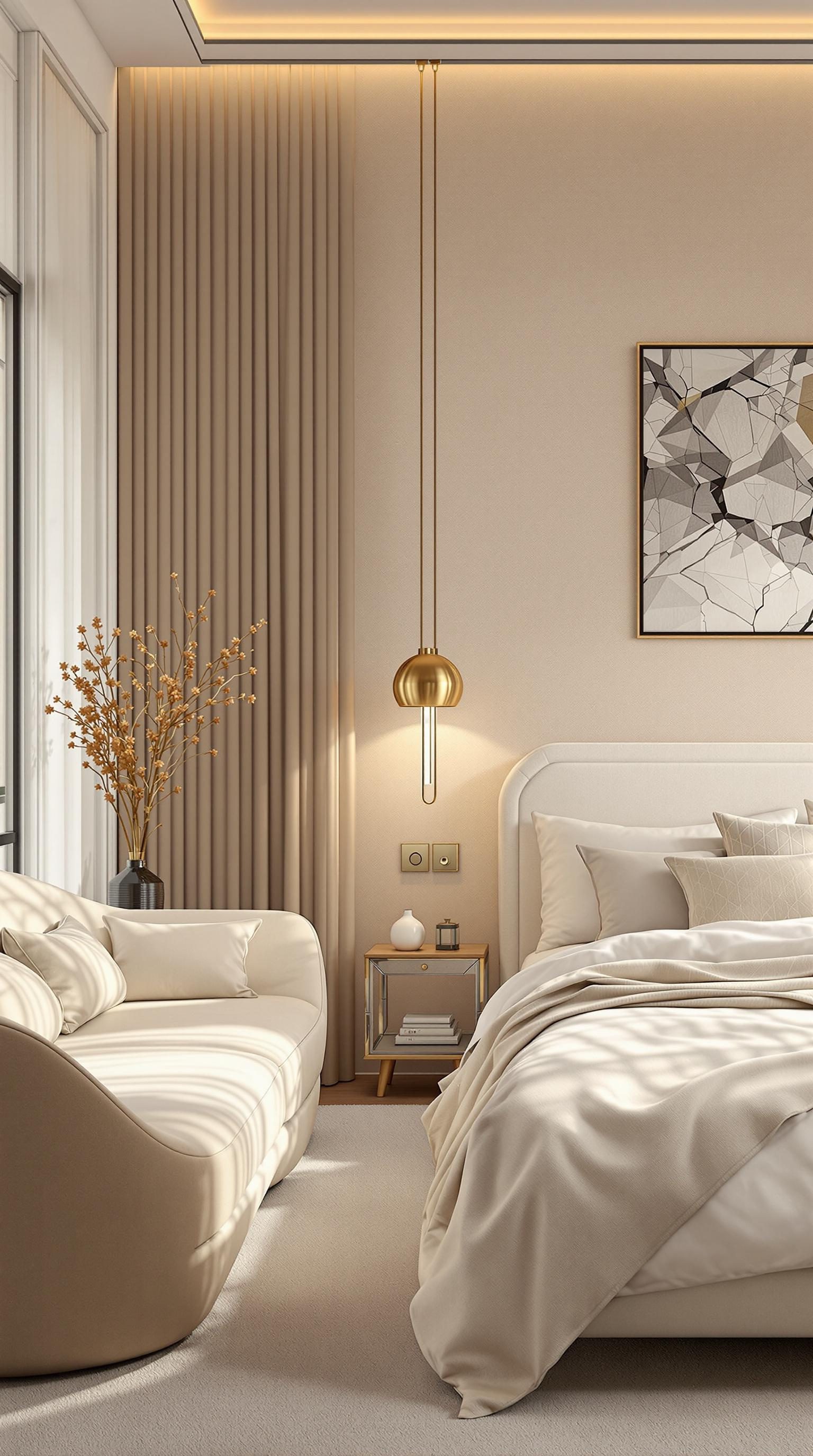 A stylish beige bedroom featuring metallic accents.