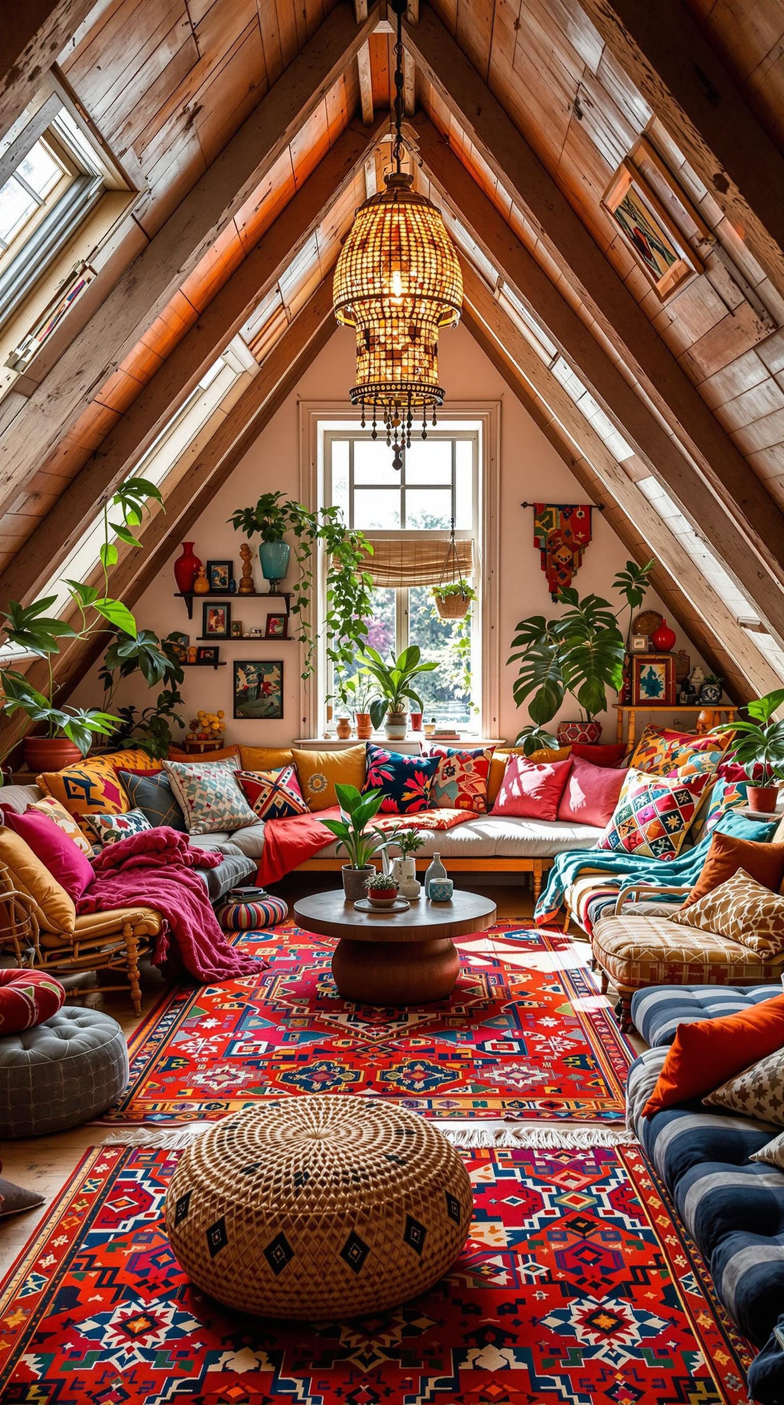 A bohemian-inspired attic lounge with colorful cushions, plants, and a cozy atmosphere.