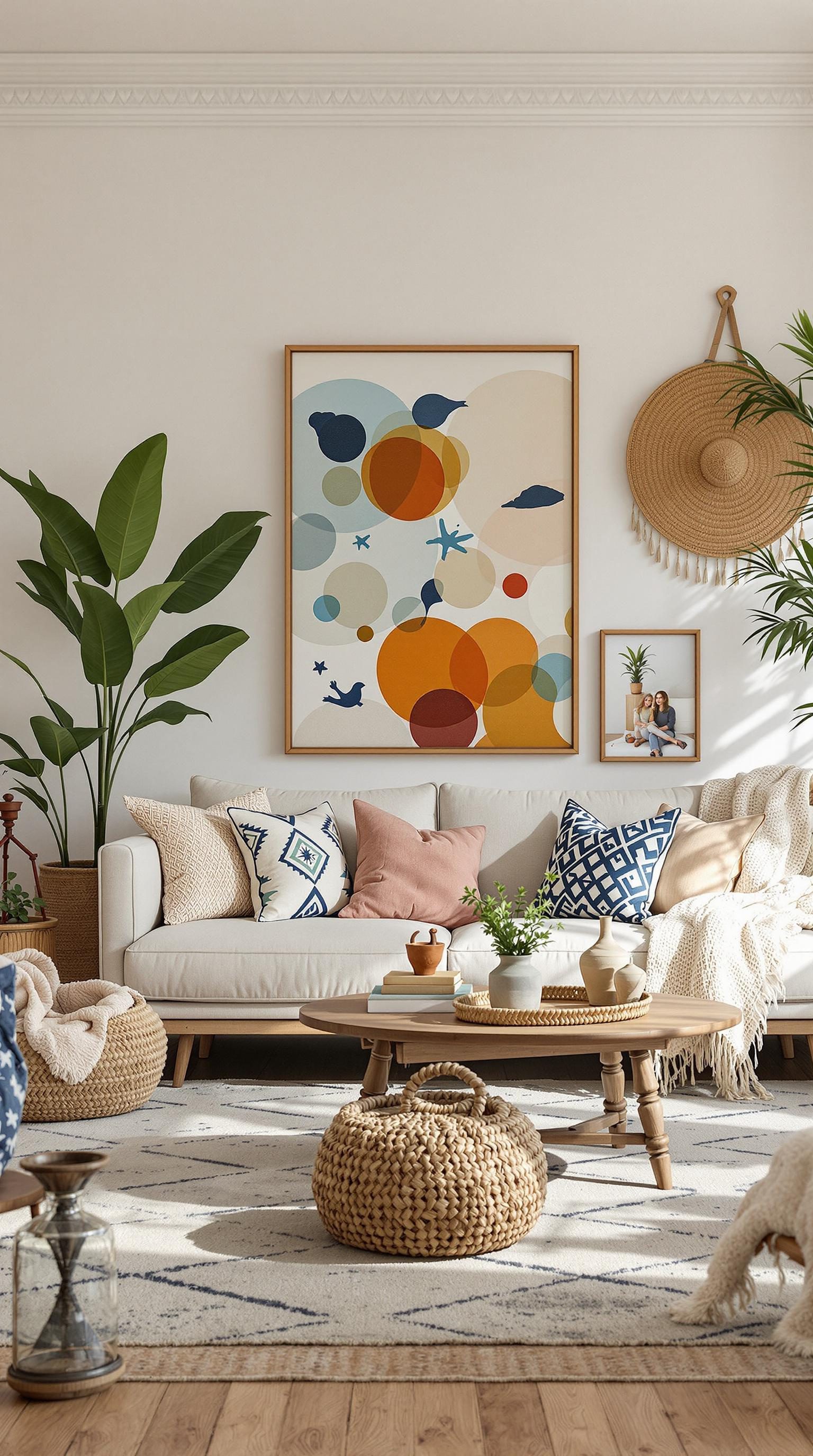 Coastal living room with a bohemian style featuring a comfortable sofa, colorful pillows, and beach-inspired decor.