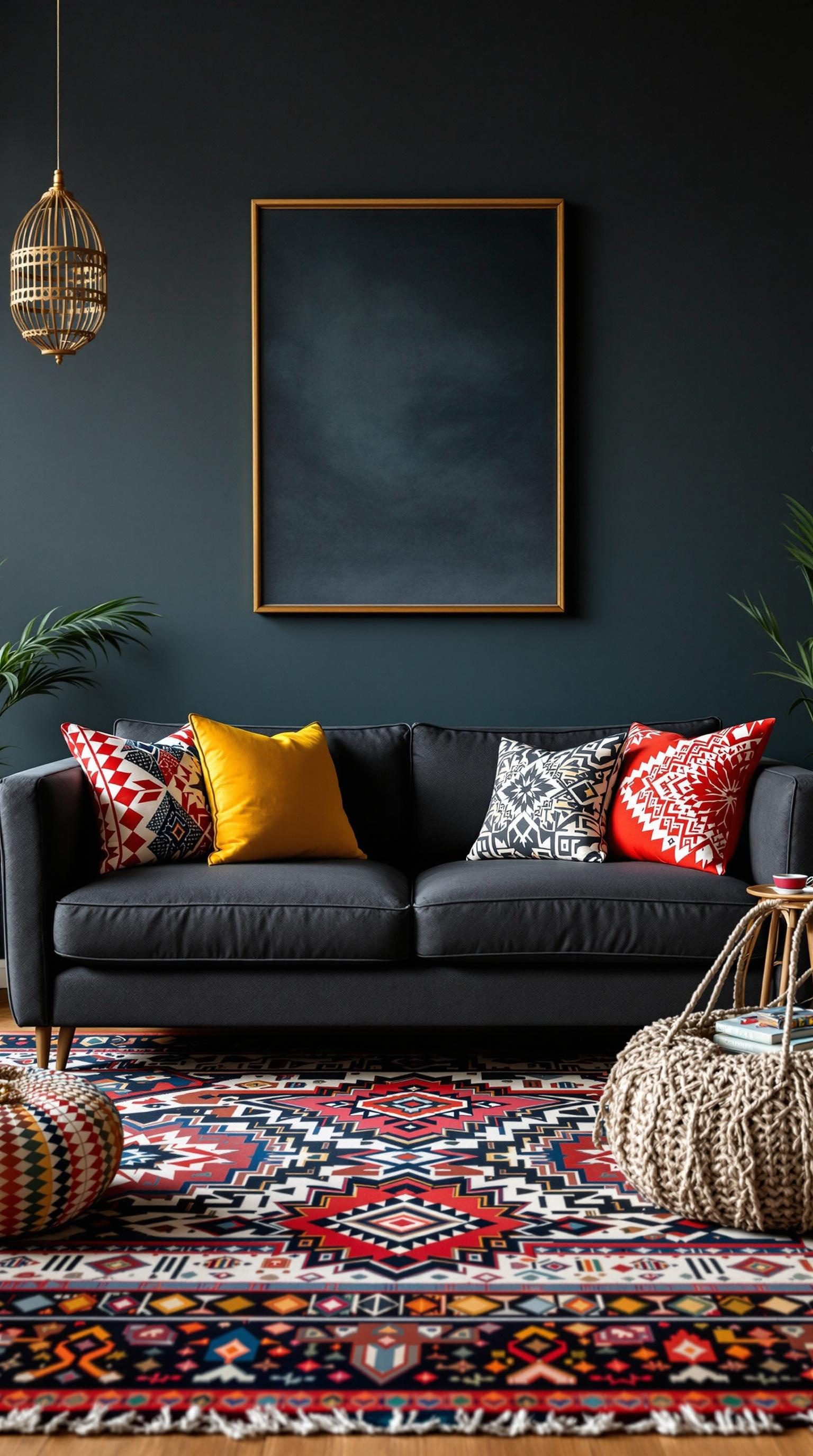 A stylish living room featuring a dark grey couch with colorful pillows, a patterned rug, and natural decor.