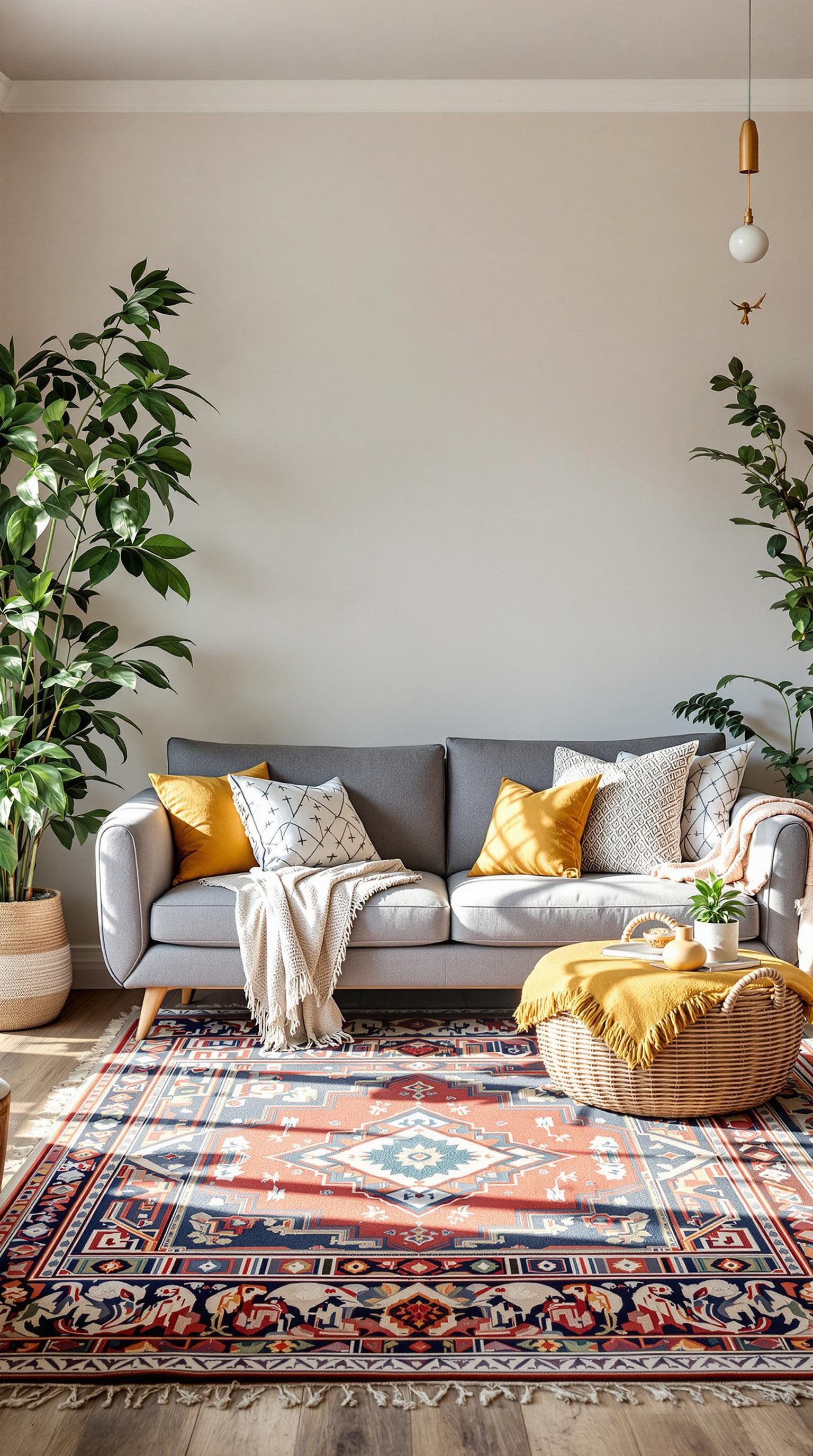 Cozy living room featuring a grey sofa with colorful cushions and plants.