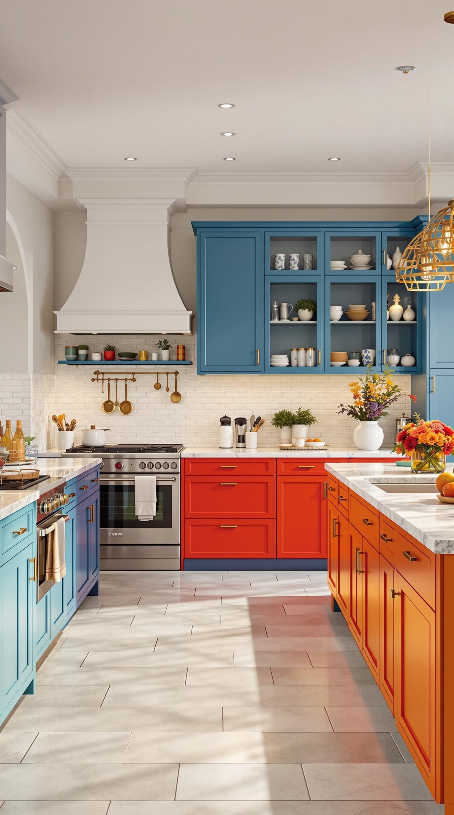 A modern luxury kitchen featuring blue and orange cabinetry with a marble countertop and stylish decor.