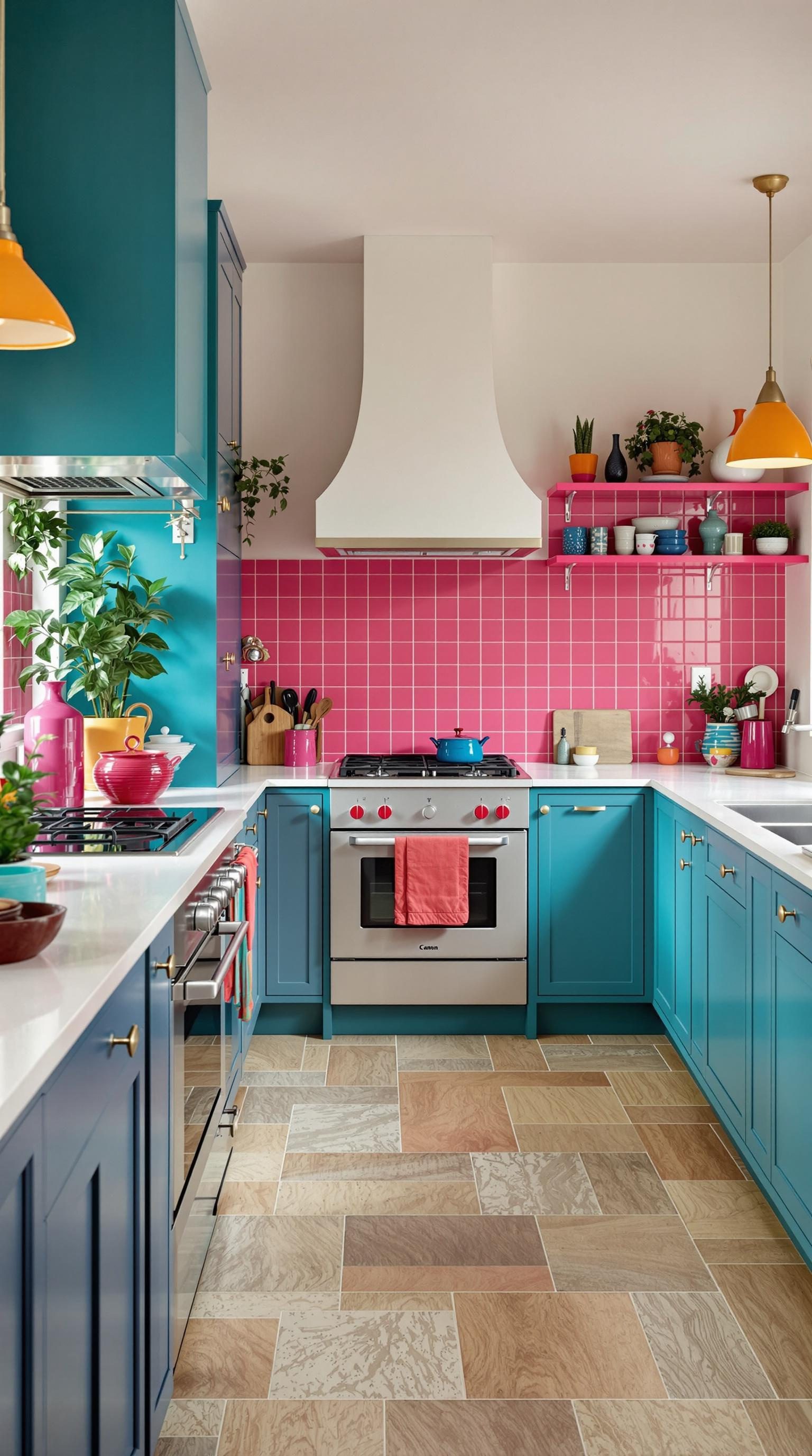 A colorful kitchen with turquoise cabinets, a pink backsplash, and vibrant decor.