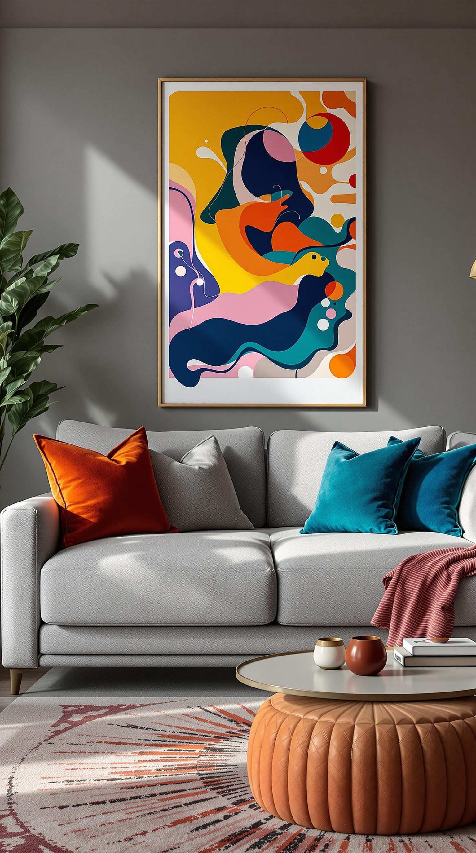 A modern living room featuring a grey couch adorned with colorful pillows, a round coffee table, and a striking piece of abstract art on the wall.