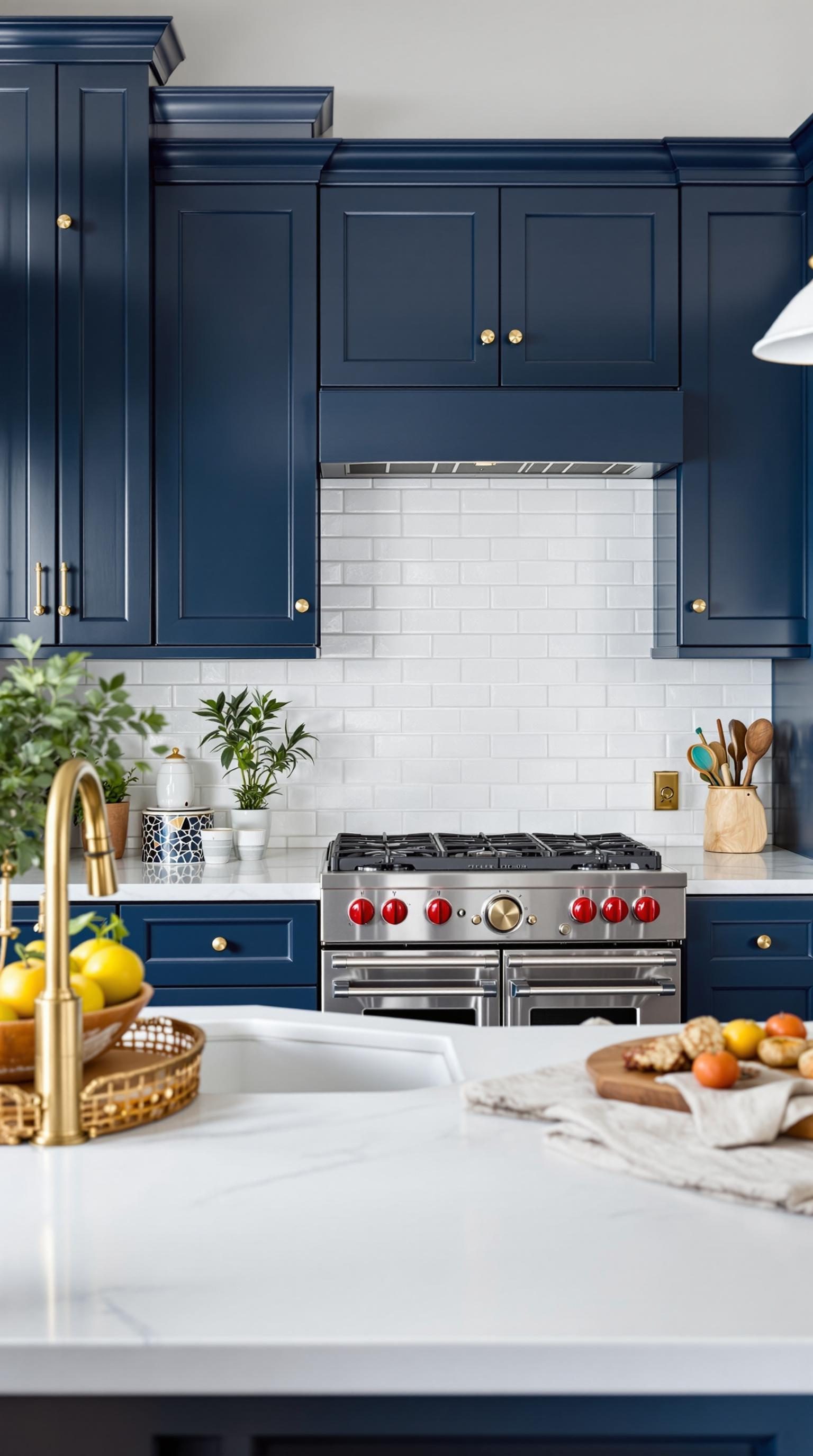 Kitchen with bold navy cabinets and modern appliances.