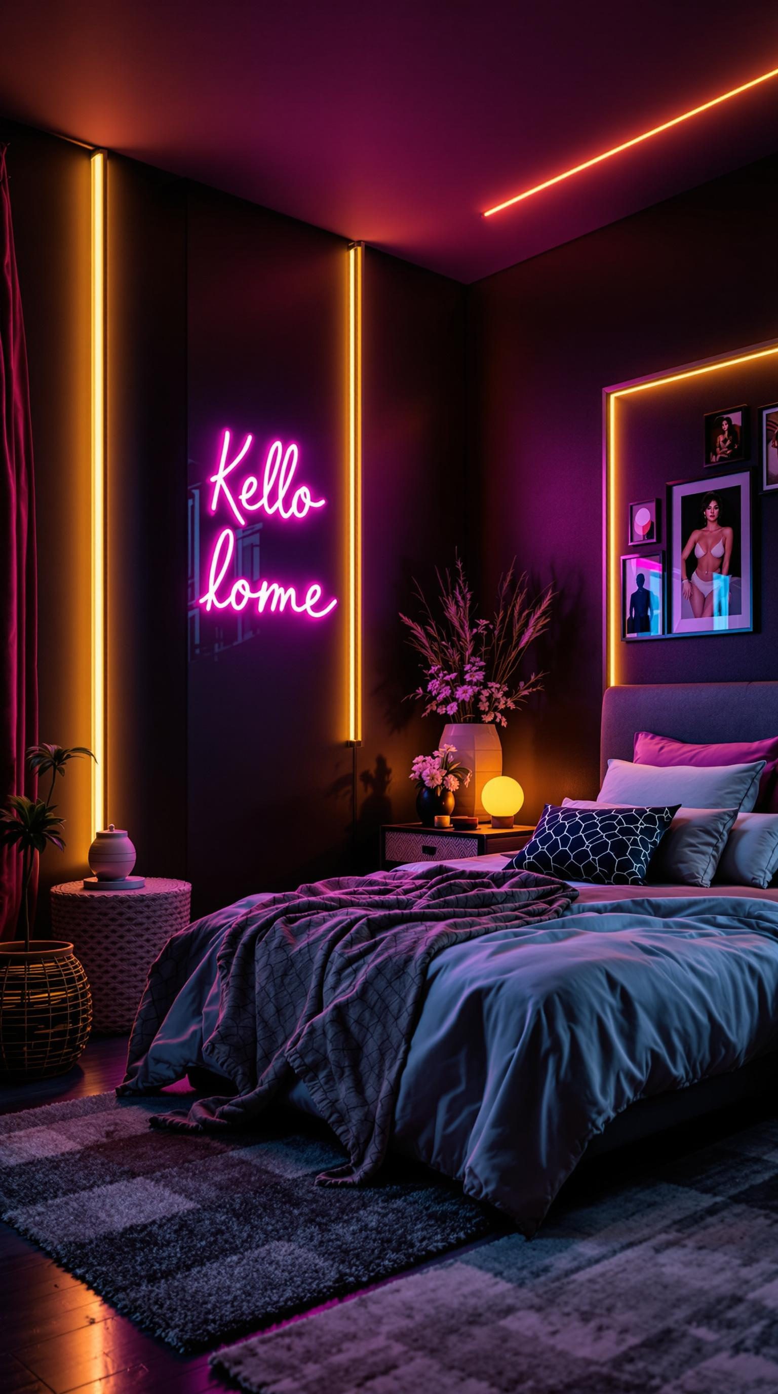 A stylish bedroom featuring bold neon accents with a sign that reads 'Kello home' and colorful lighting.