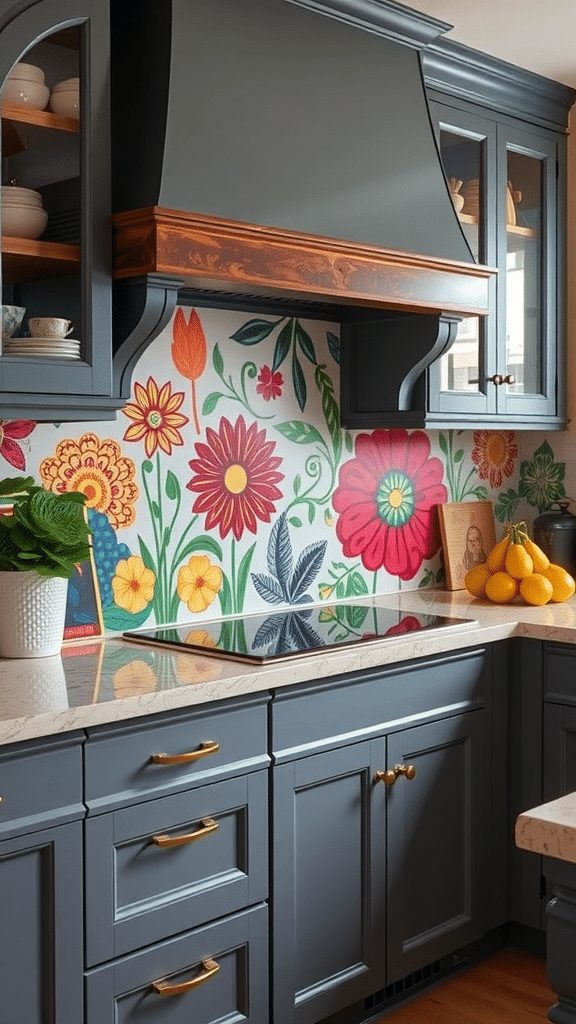 Colorful floral backsplash in a modern kitchen with gray cabinets and a wooden hood.