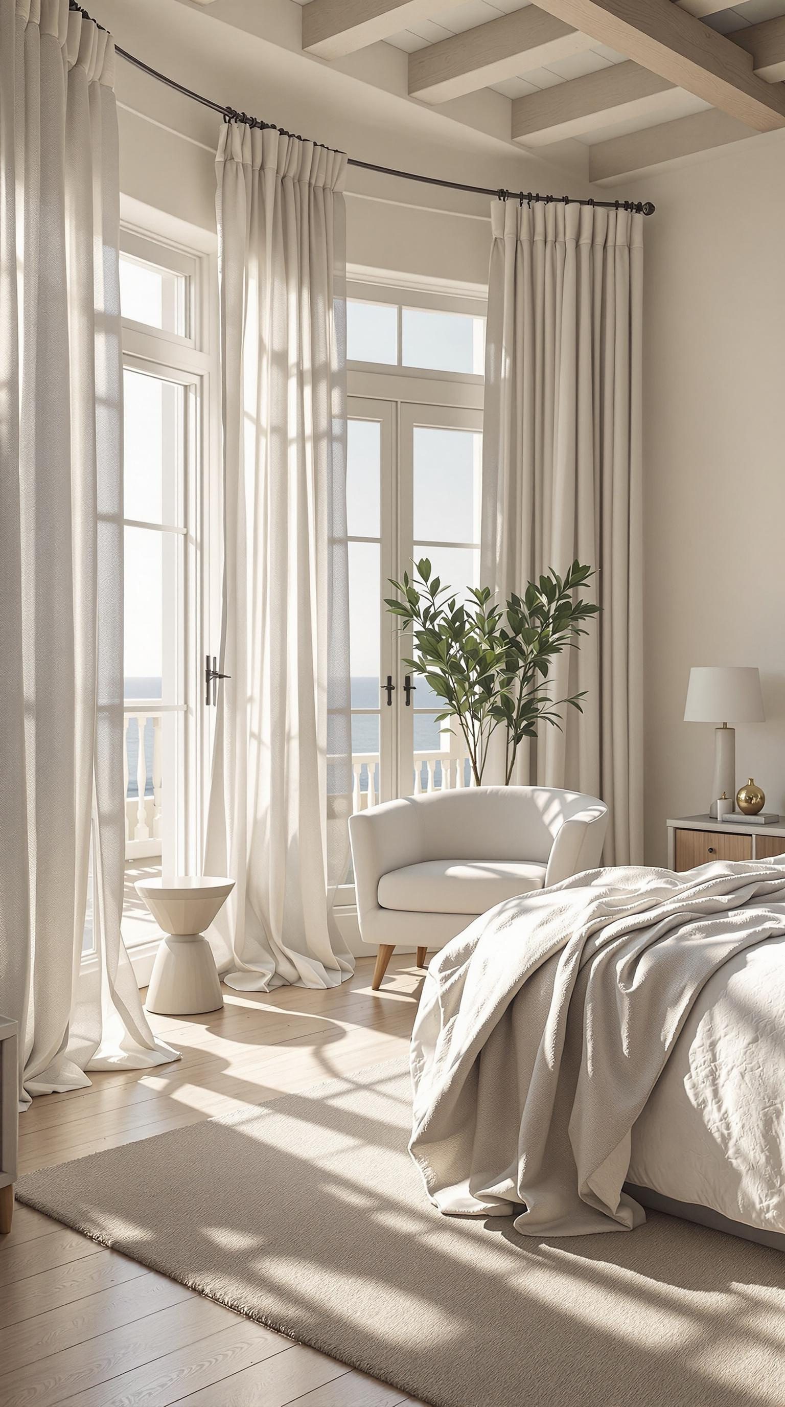 Bright bedroom with breezy linen drapes and a coastal vibe.