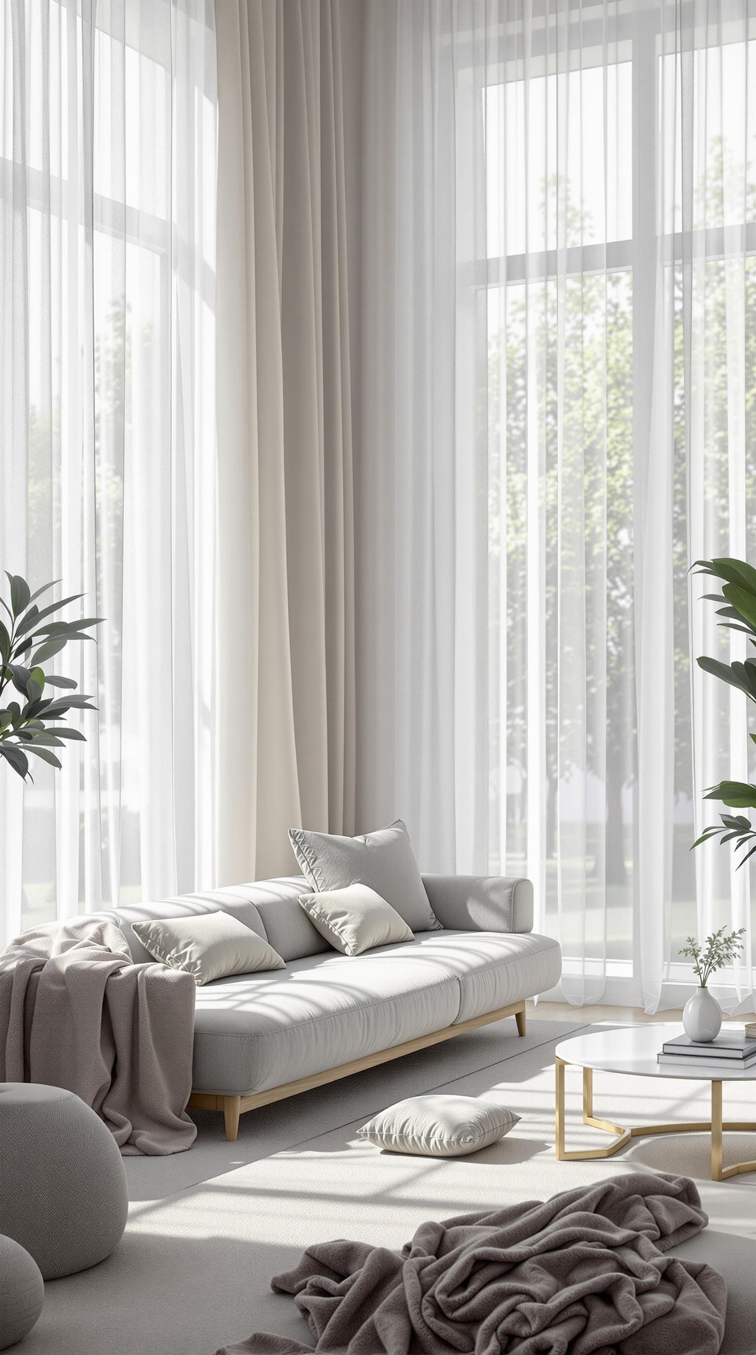 A bright living room featuring a grey couch, large windows with sheer curtains, and cozy decor.