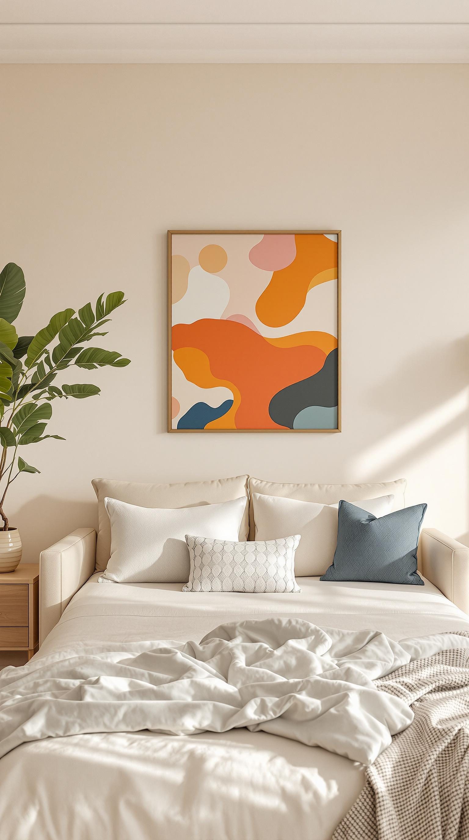 Beige bedroom featuring colorful abstract art and decorative pillows.