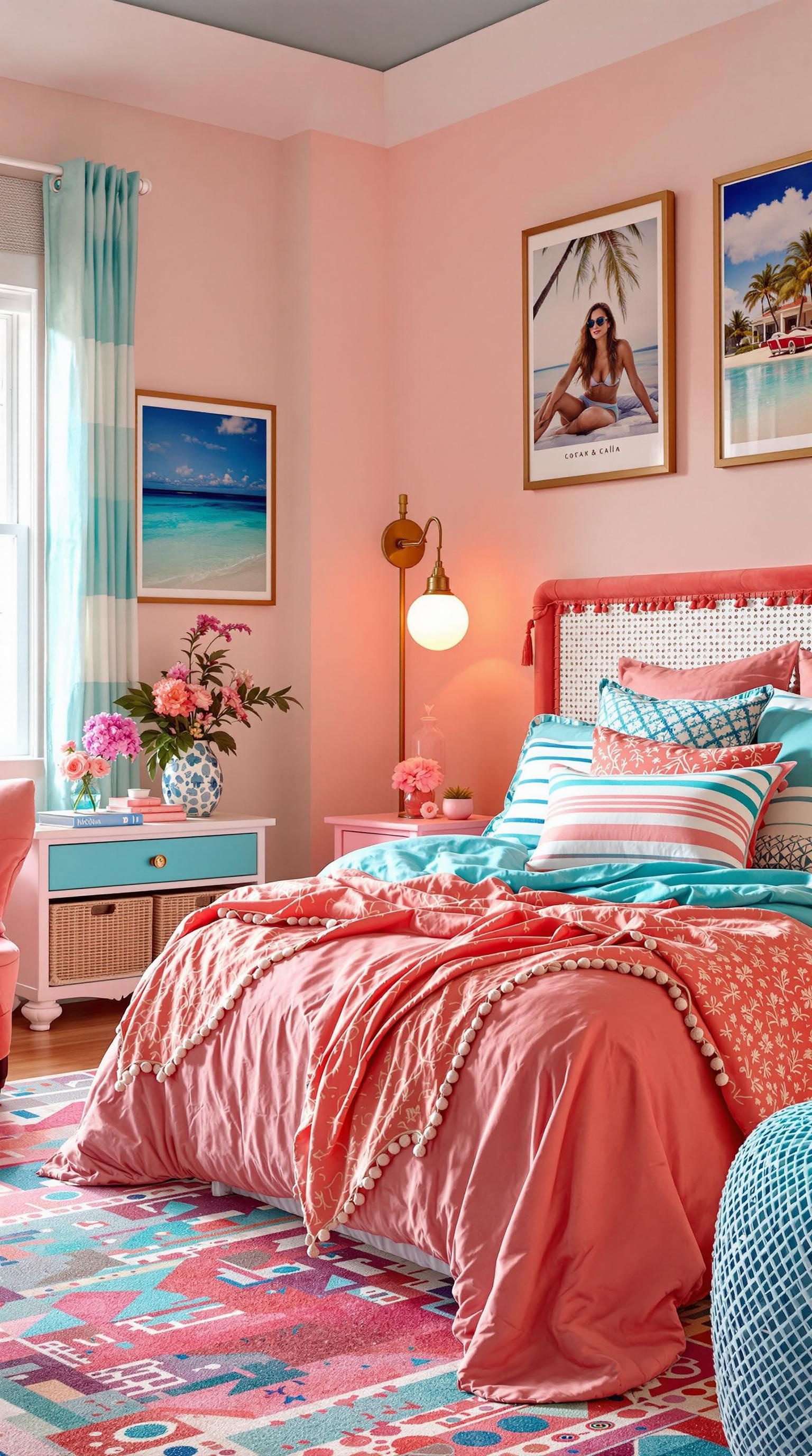 A bright coastal preppy bedroom featuring coral and aqua colors with stylish decor.