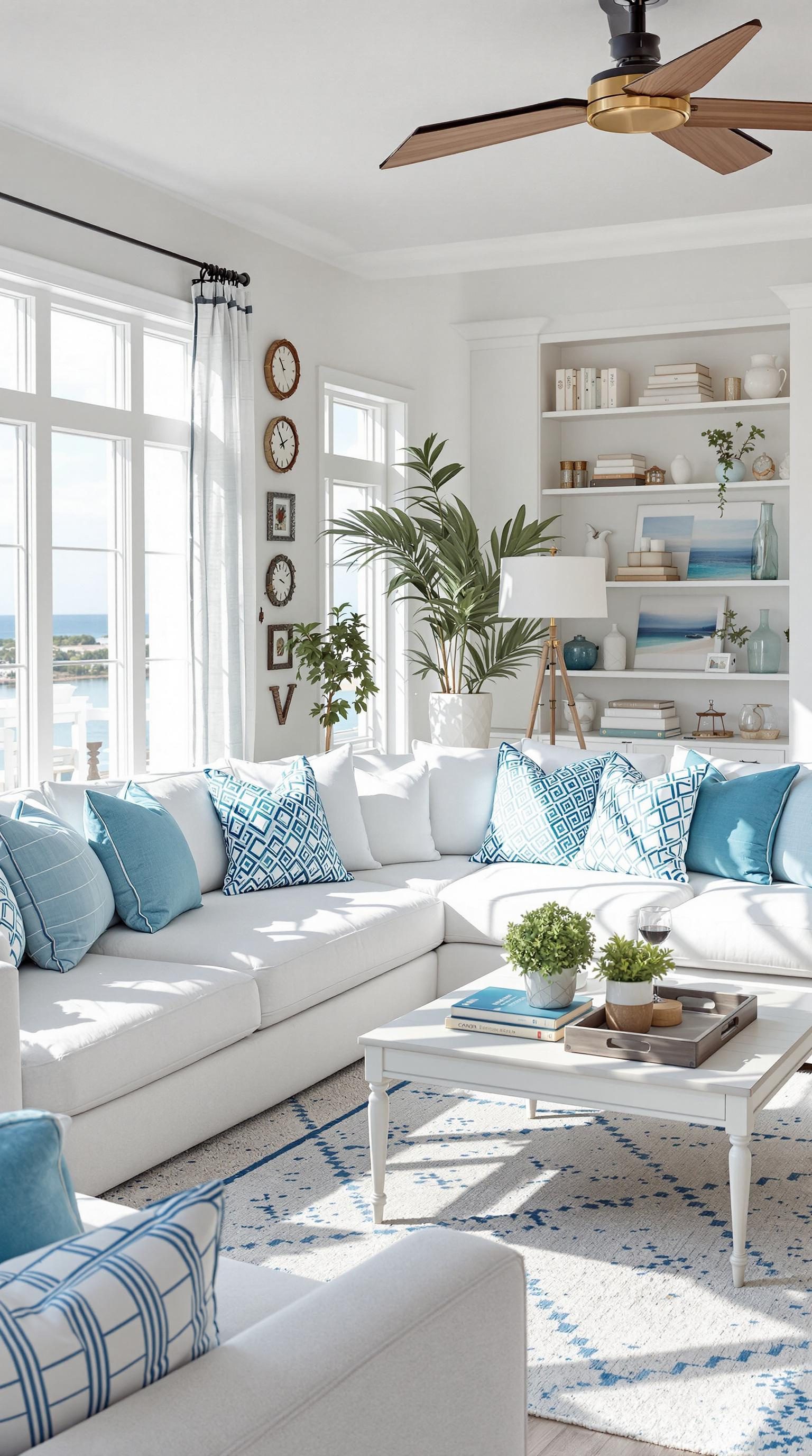 A bright coastal living room featuring a white sofa with aqua pillows, a coffee table, and large windows with ocean views.