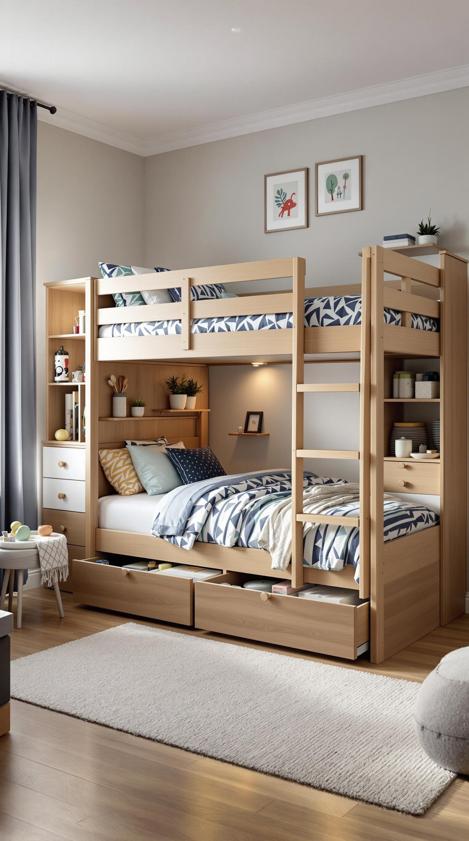 A stylish bunk bed with built-in storage, featuring a lower bed with drawers and upper bed with patterned bedding.