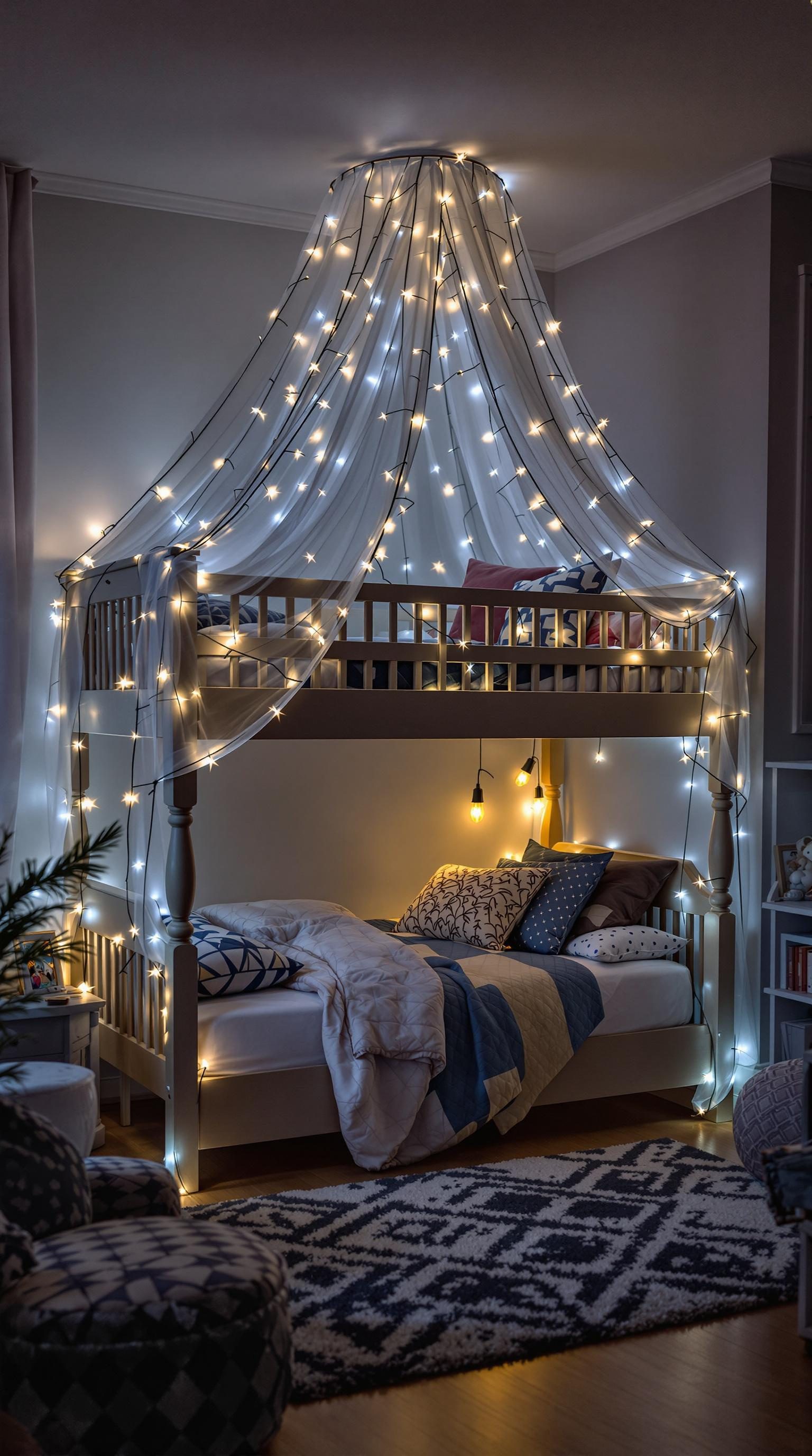 A cozy bunk bed with a fairy light canopy, decorated with soft bedding and glowing lights.