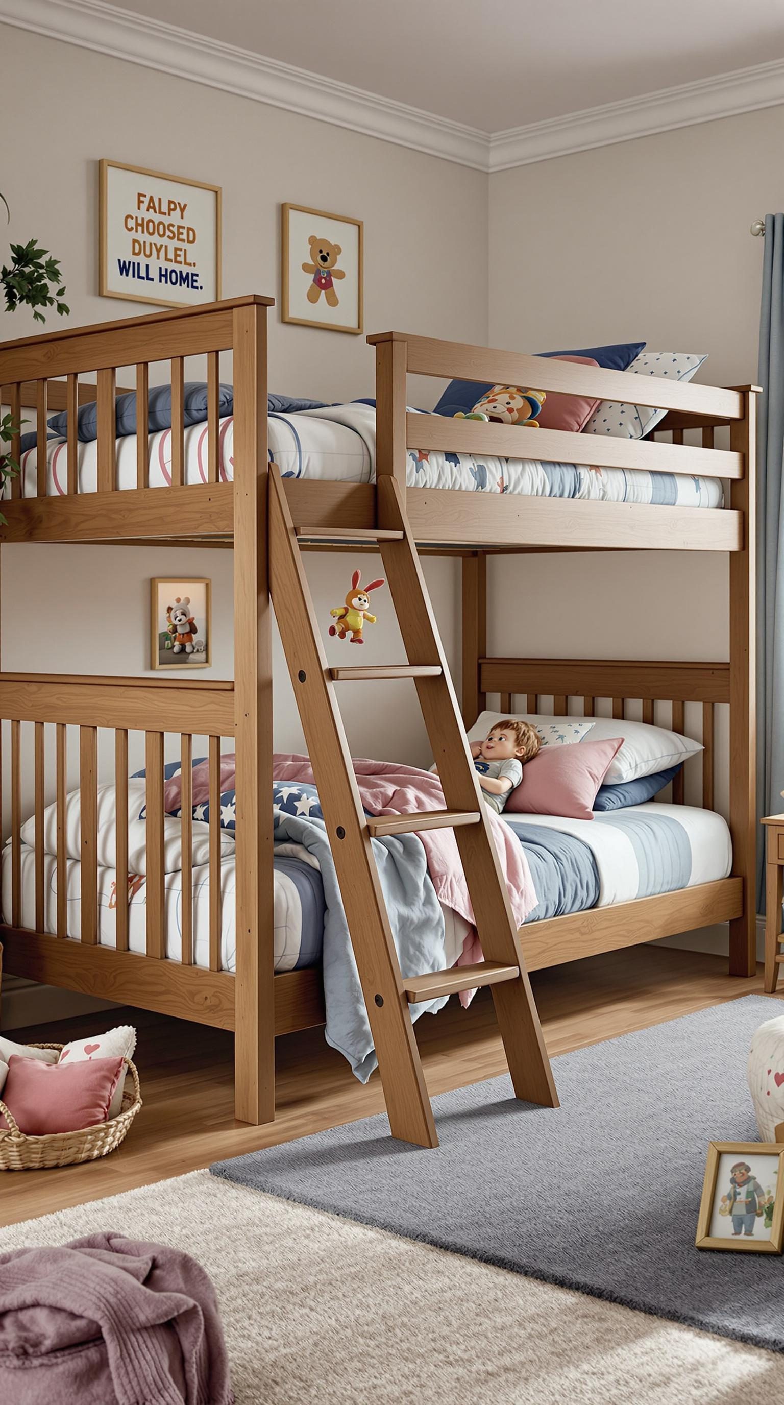 A cozy children's room featuring a wooden bunk bed with an integrated ladder and guardrails, decorated with playful bedding.