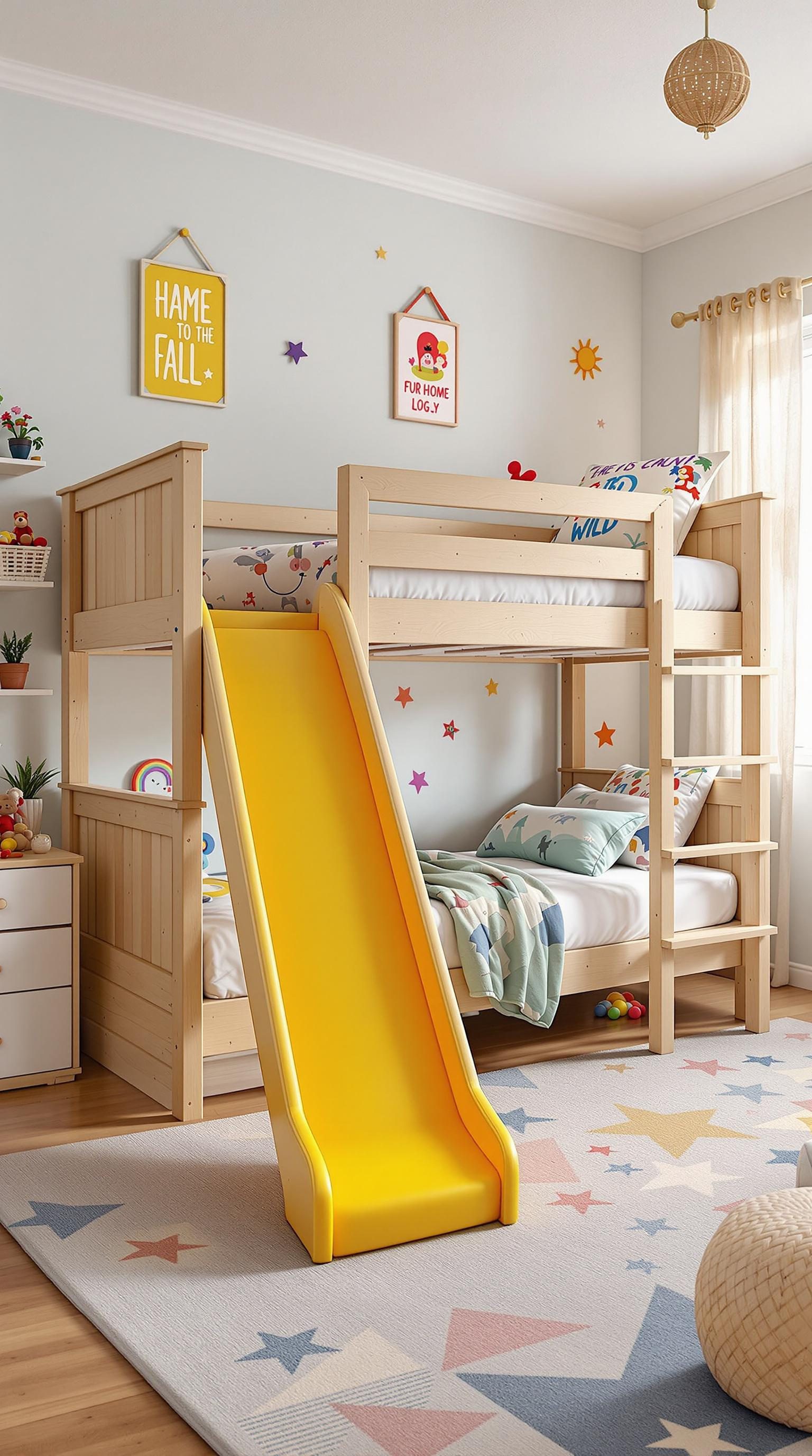 Bunk bed with yellow slide in a colorful children's room.