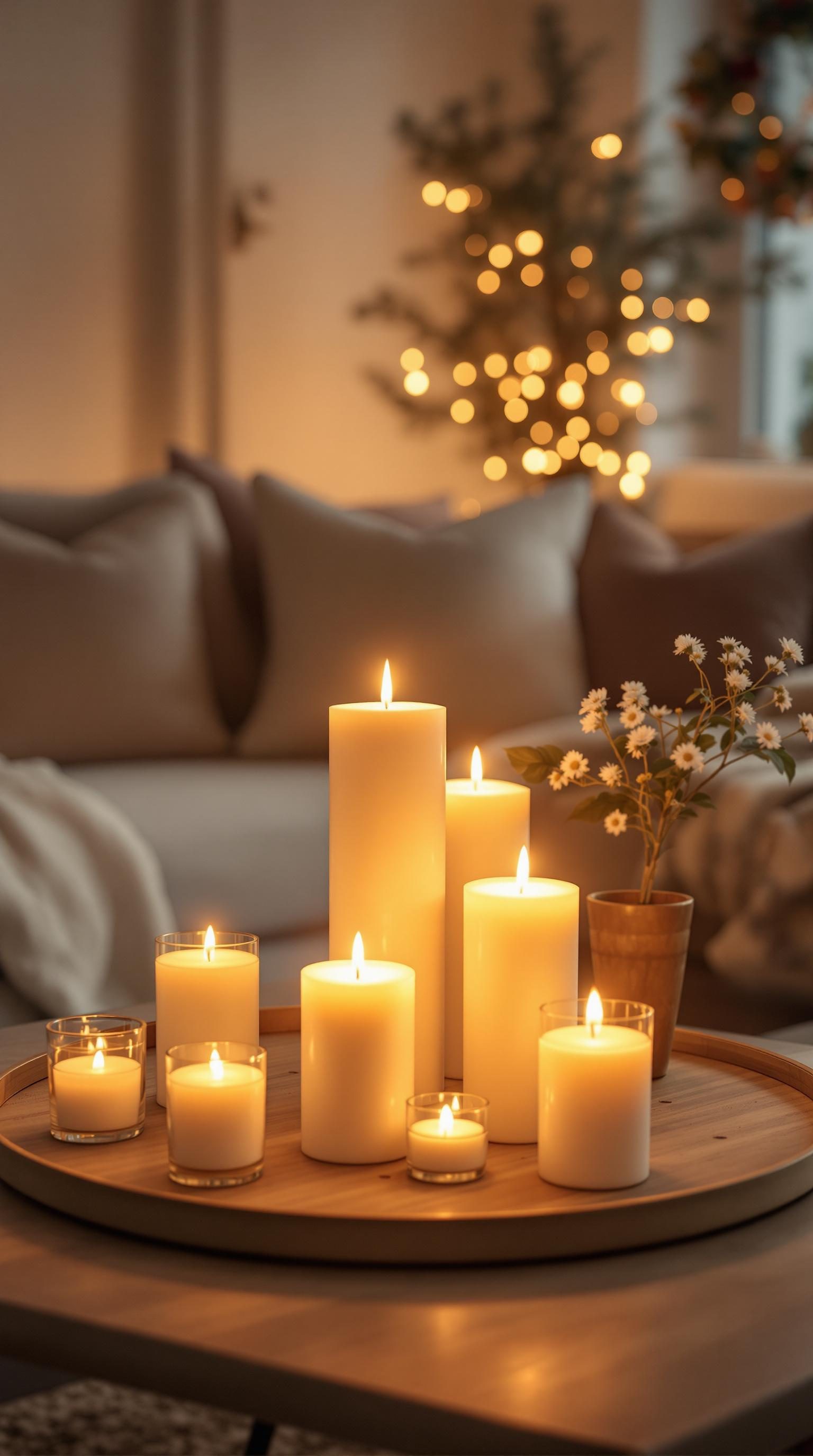 A collection of candles in a cozy living room setting, with soft lighting and a warm ambiance.