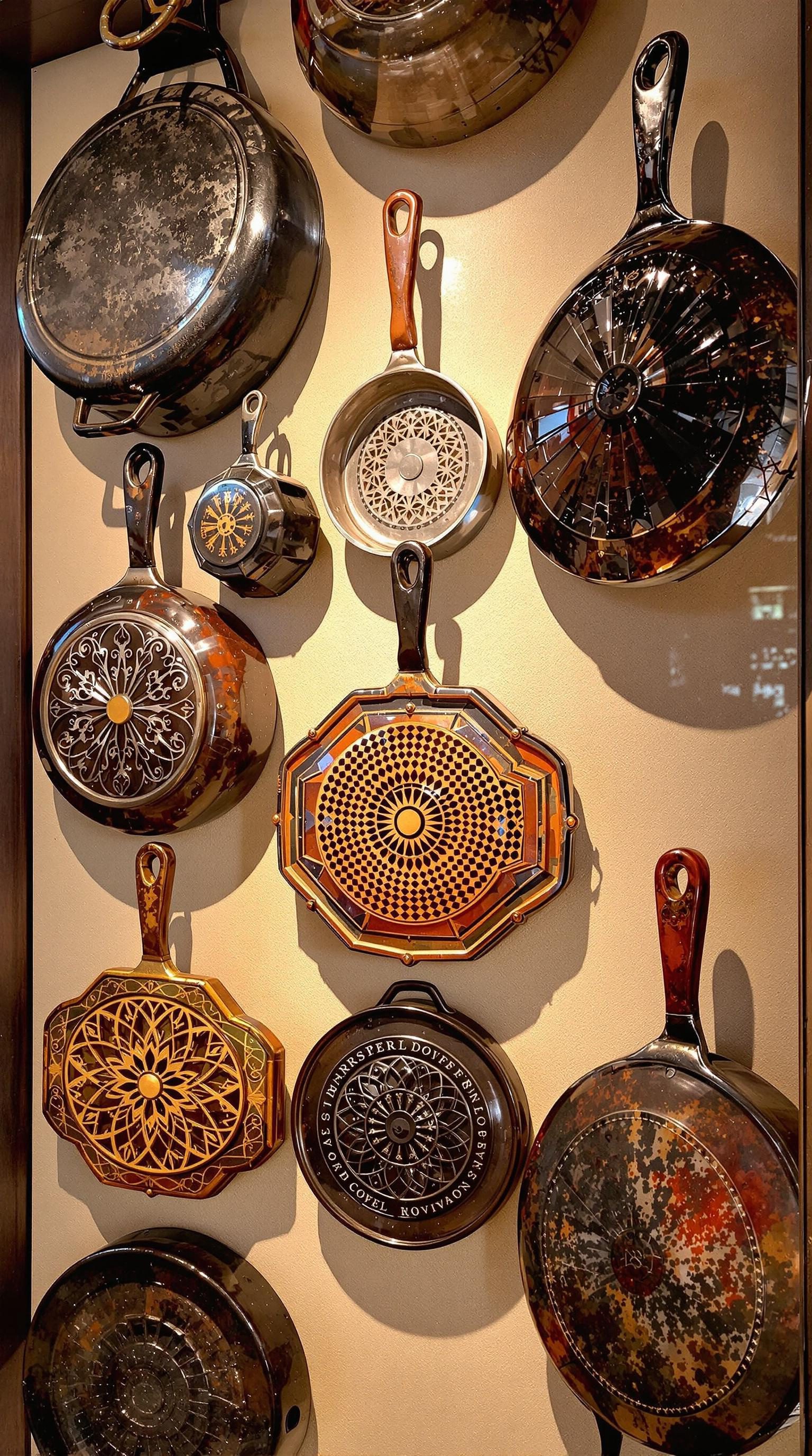 A display of various antique cast iron cookware hanging on a wall.