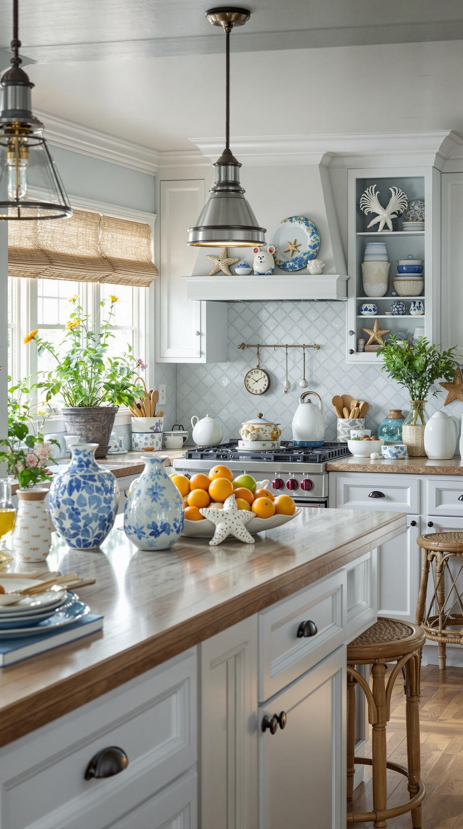 A bright coastal kitchen featuring ceramic ocean life decor, plants, and a fruit bowl on the counter.