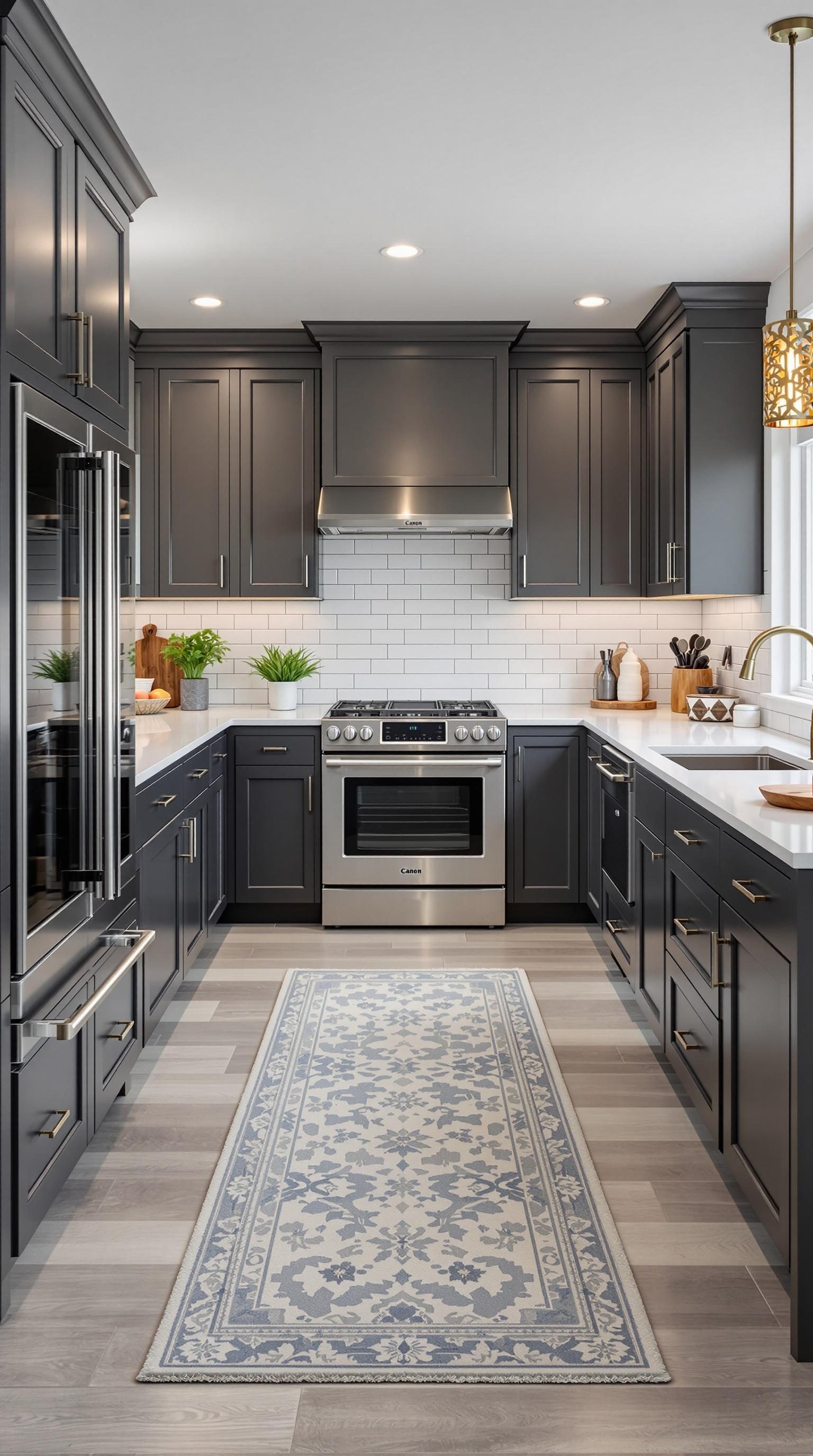 A modern kitchen with charcoal gray cabinets, stainless steel appliances, and a light-colored rug.