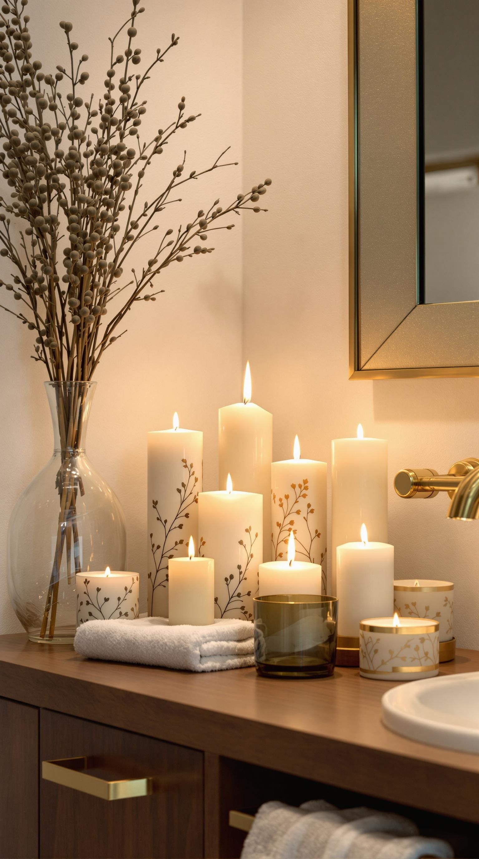 A cozy bathroom setup with various candles and a vase of branches on a wooden counter.