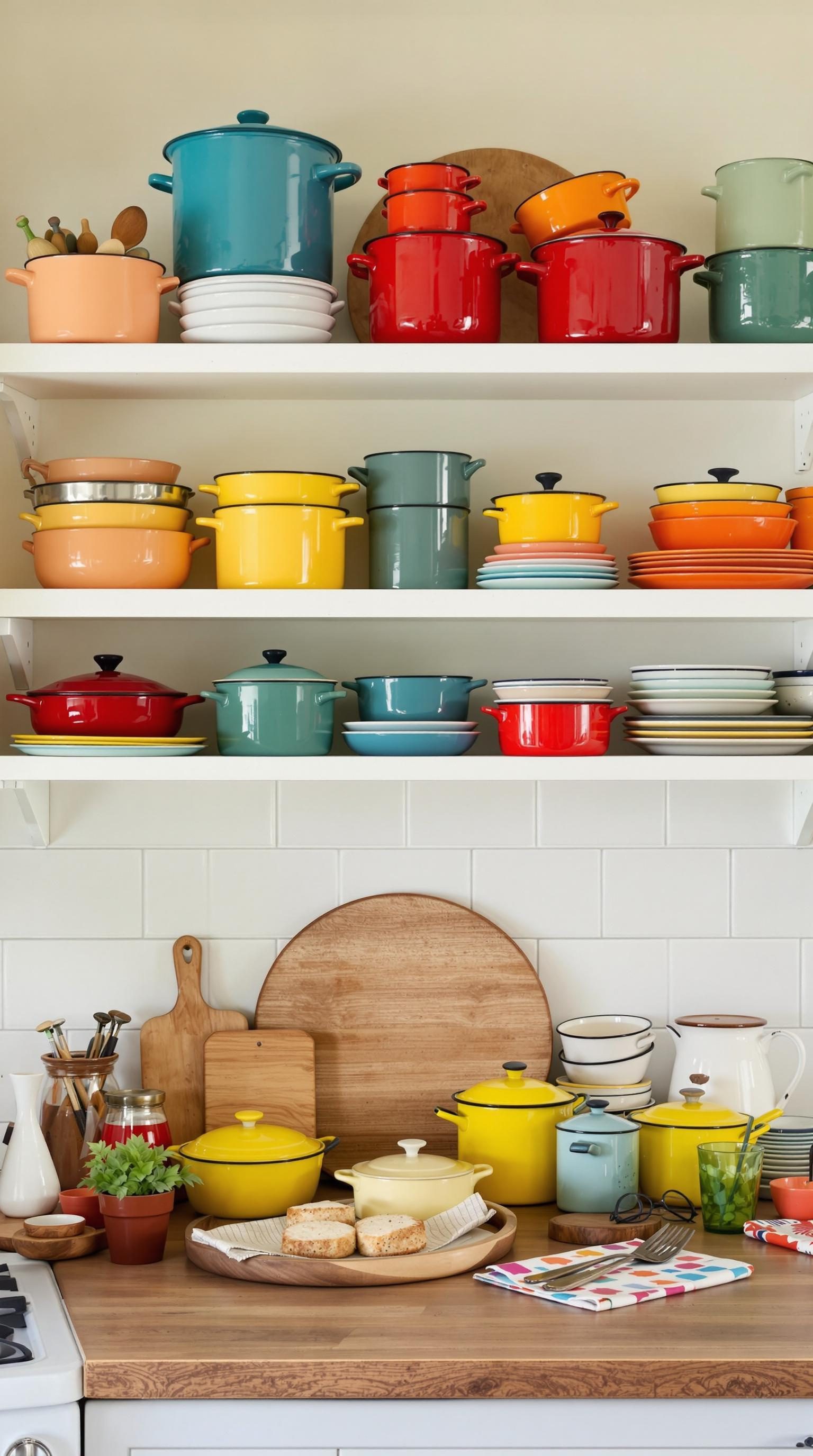 A vibrant collection of enamelware pots and pans in various colors displayed on shelves and a kitchen counter.