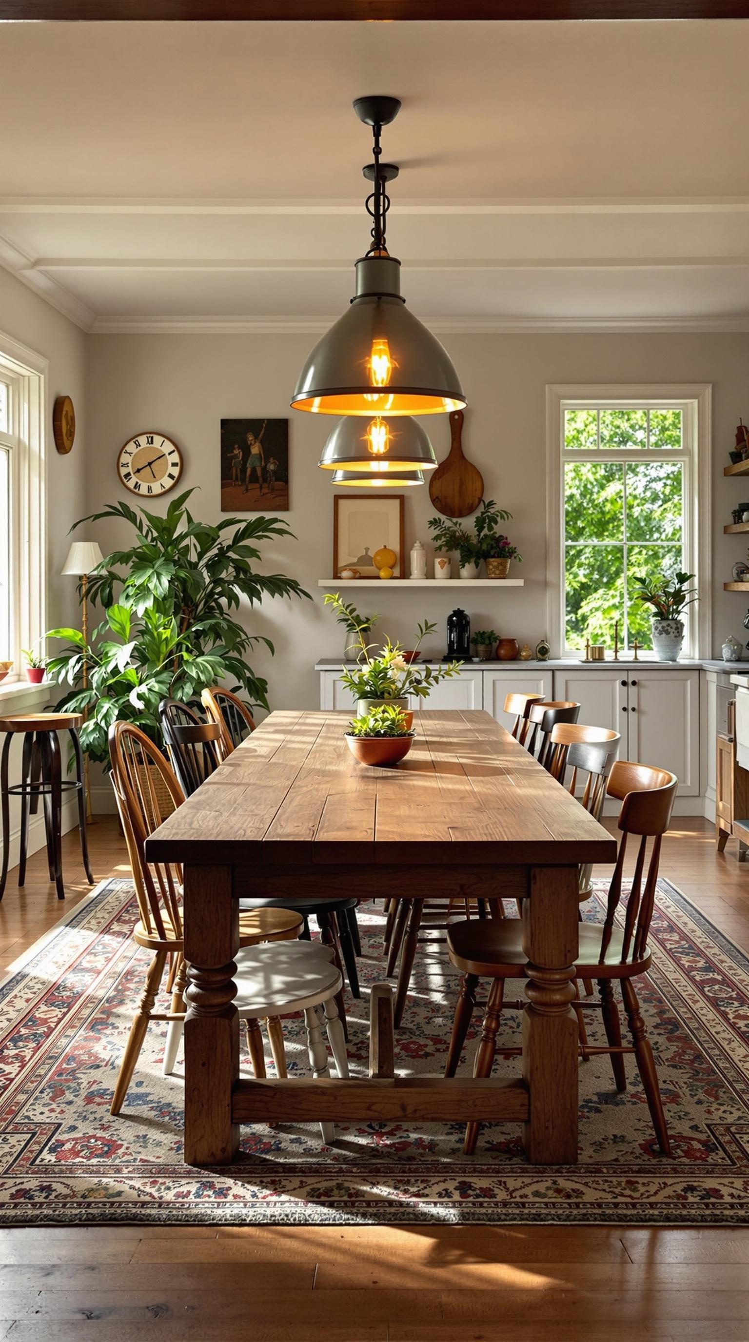 Charming farmhouse dining room featuring a long wooden table, plants, and warm lighting.