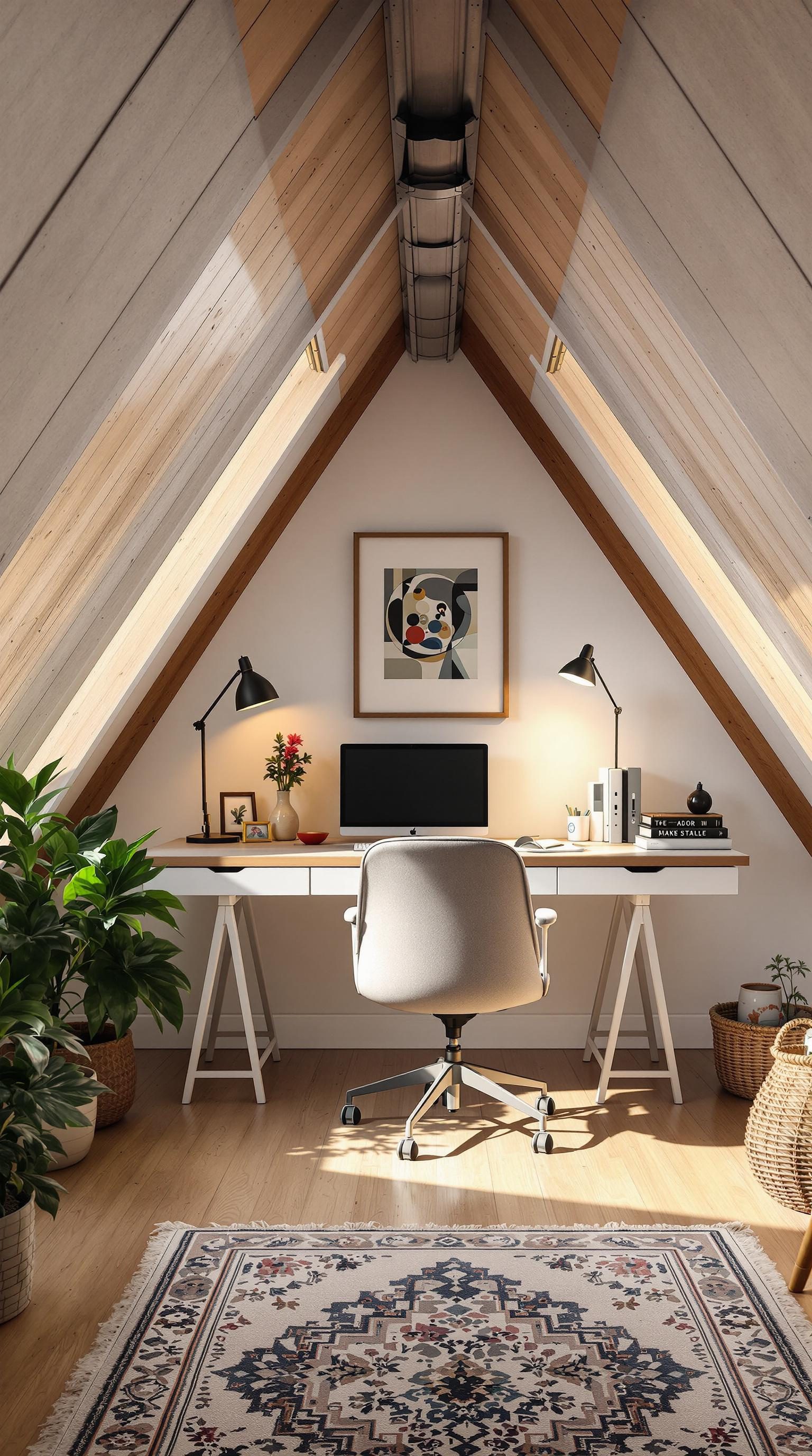 A stylish home office in an attic with wooden beams, a desk, a computer, and plants.