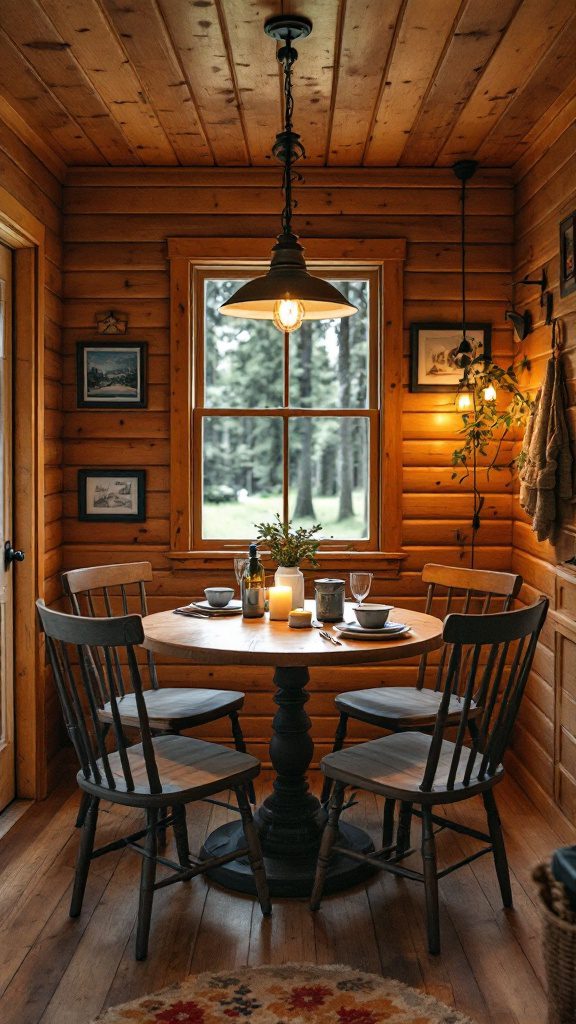 Cozy dining area in a small cabin with wooden walls, round table, and warm lighting.