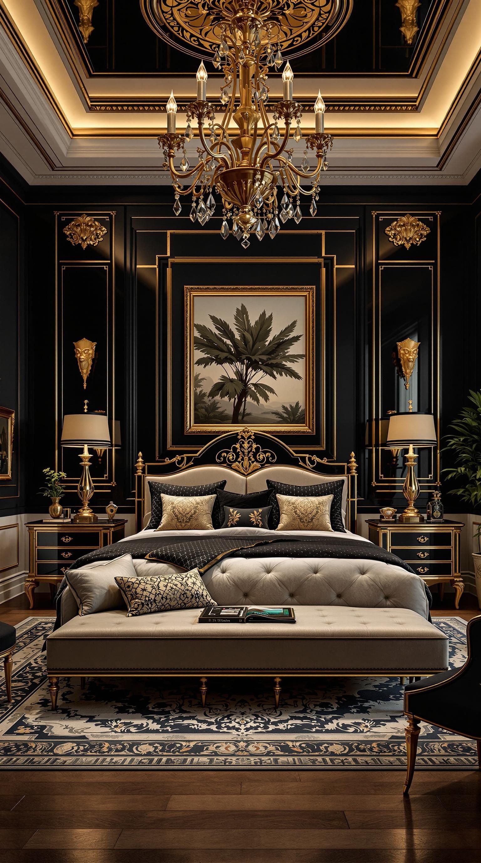 A stylish bedroom featuring black and gold decor, elegant furniture, and a chandelier.